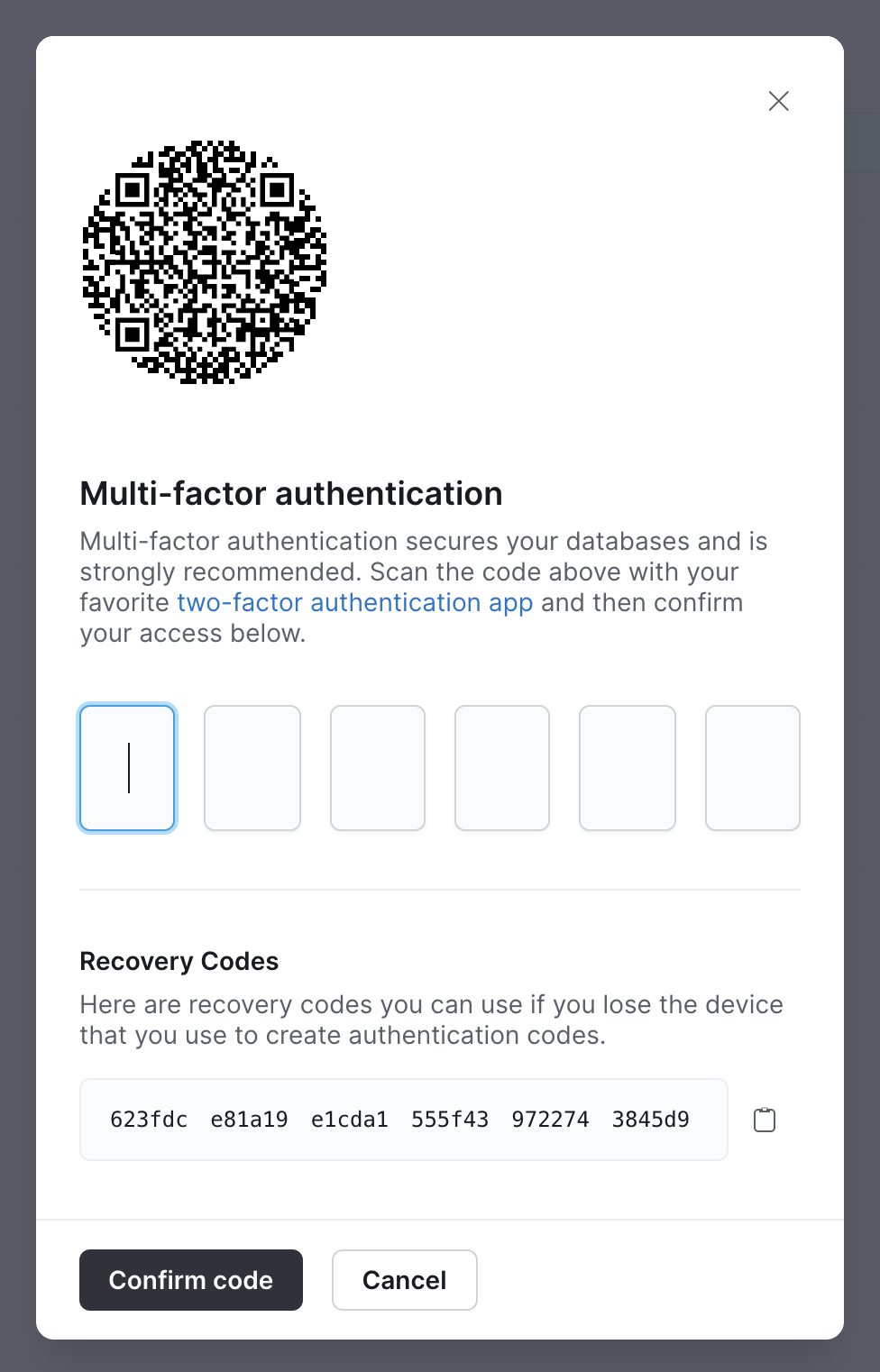 Pop-up modal with QR code and recovery codes priority