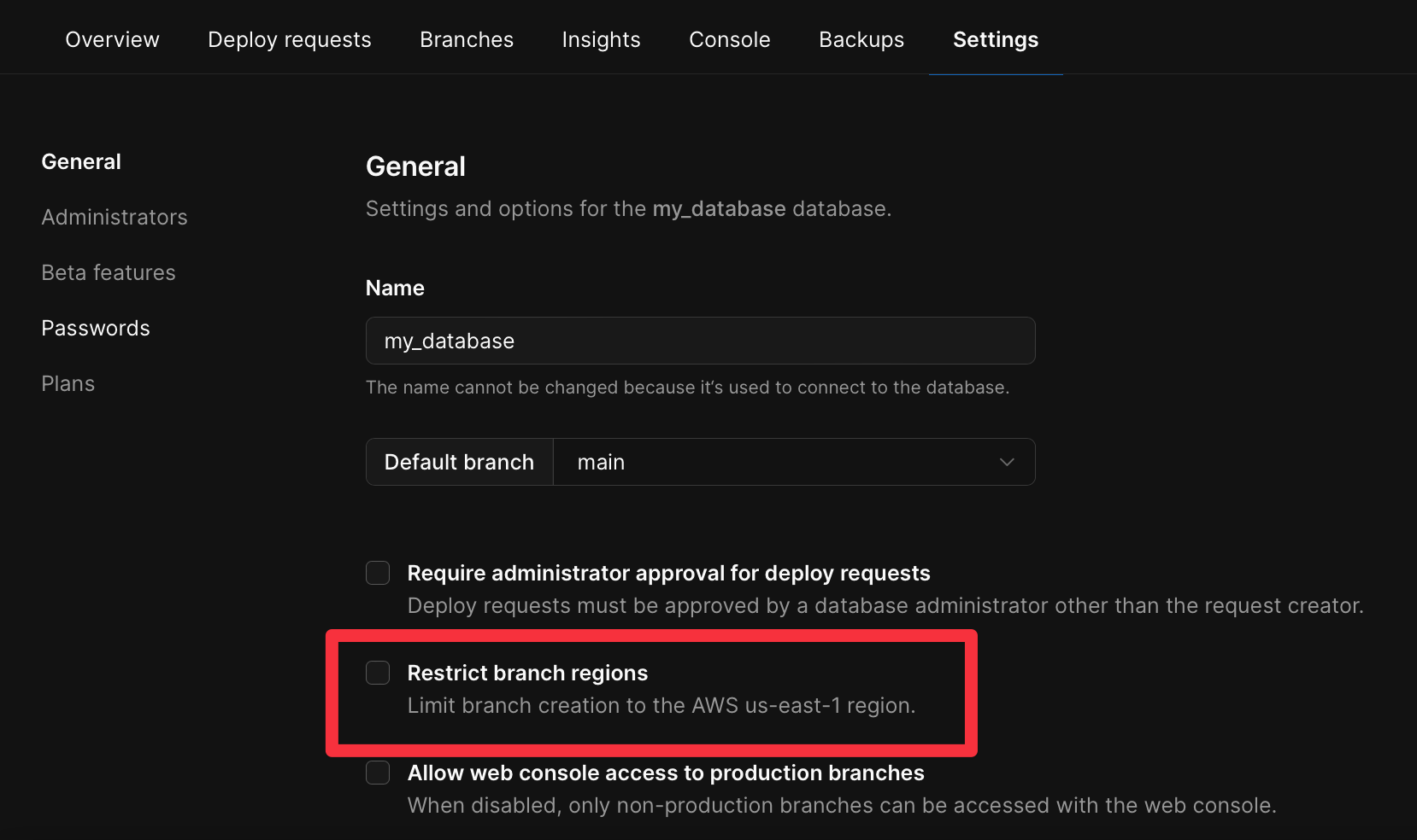 Restrict your branches to one region