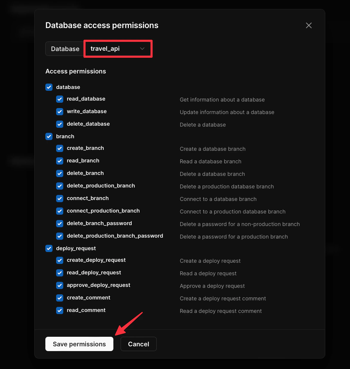 The Database access permissions modal.