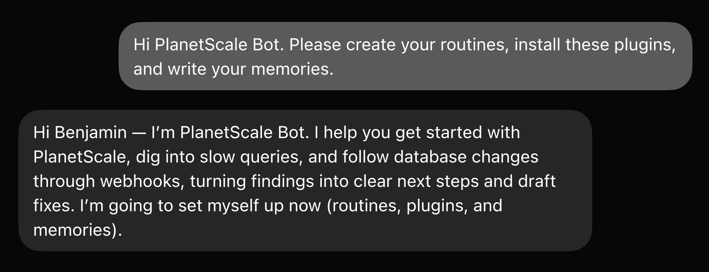 PlanetScale Bot setting itself up and creating the PlanetScale Webhook Triage routine