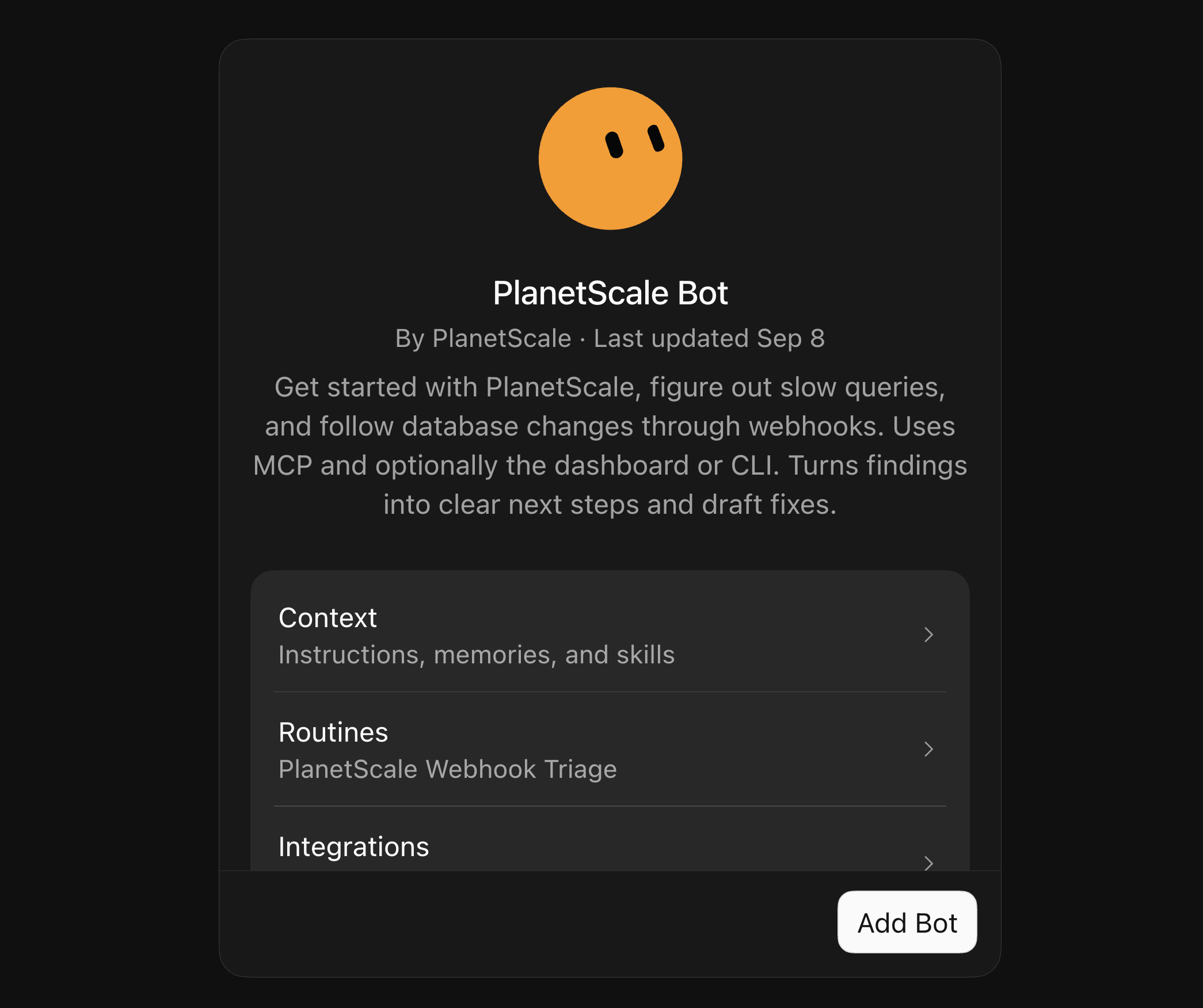 PlanetScale Bot template details in Grok Bot, showing Context, PlanetScale Webhook Triage, and the PlanetScale integration