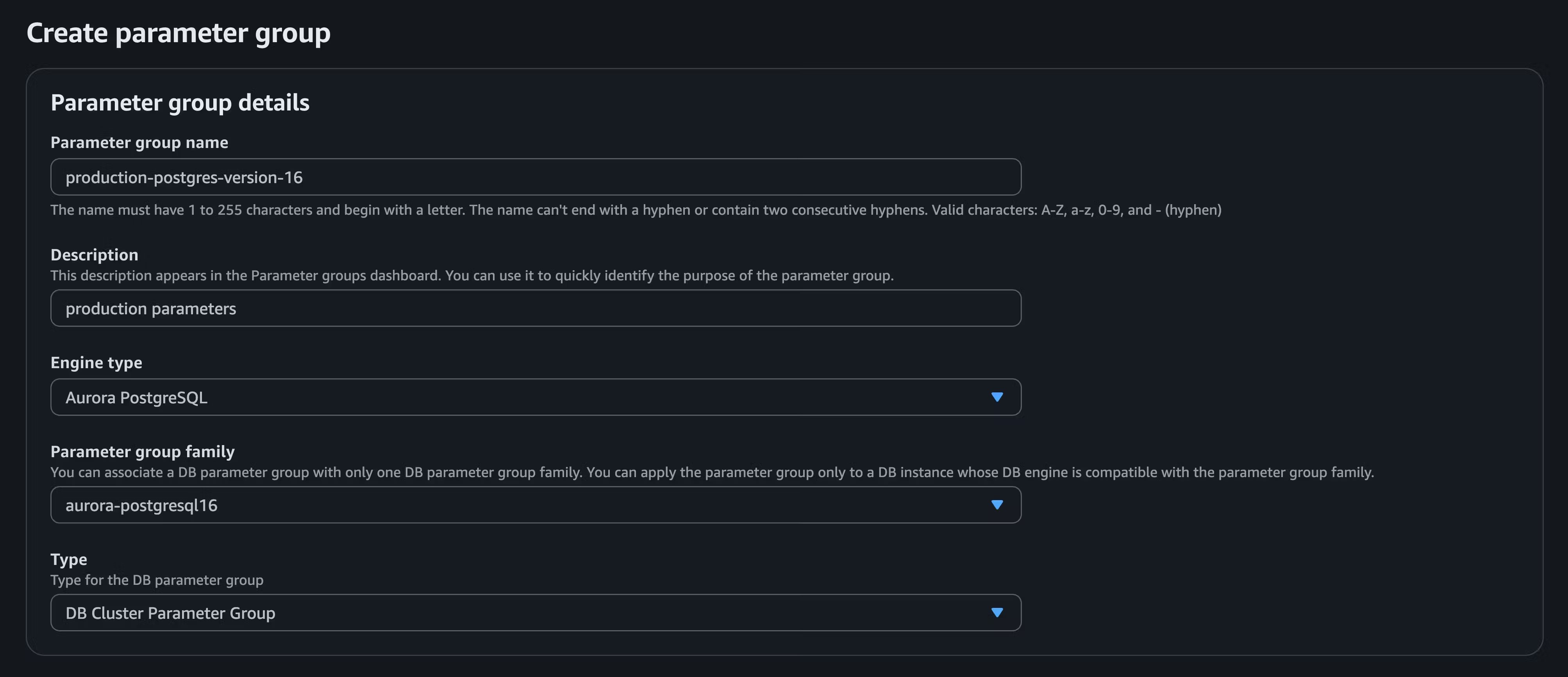Create an AWS parameter group