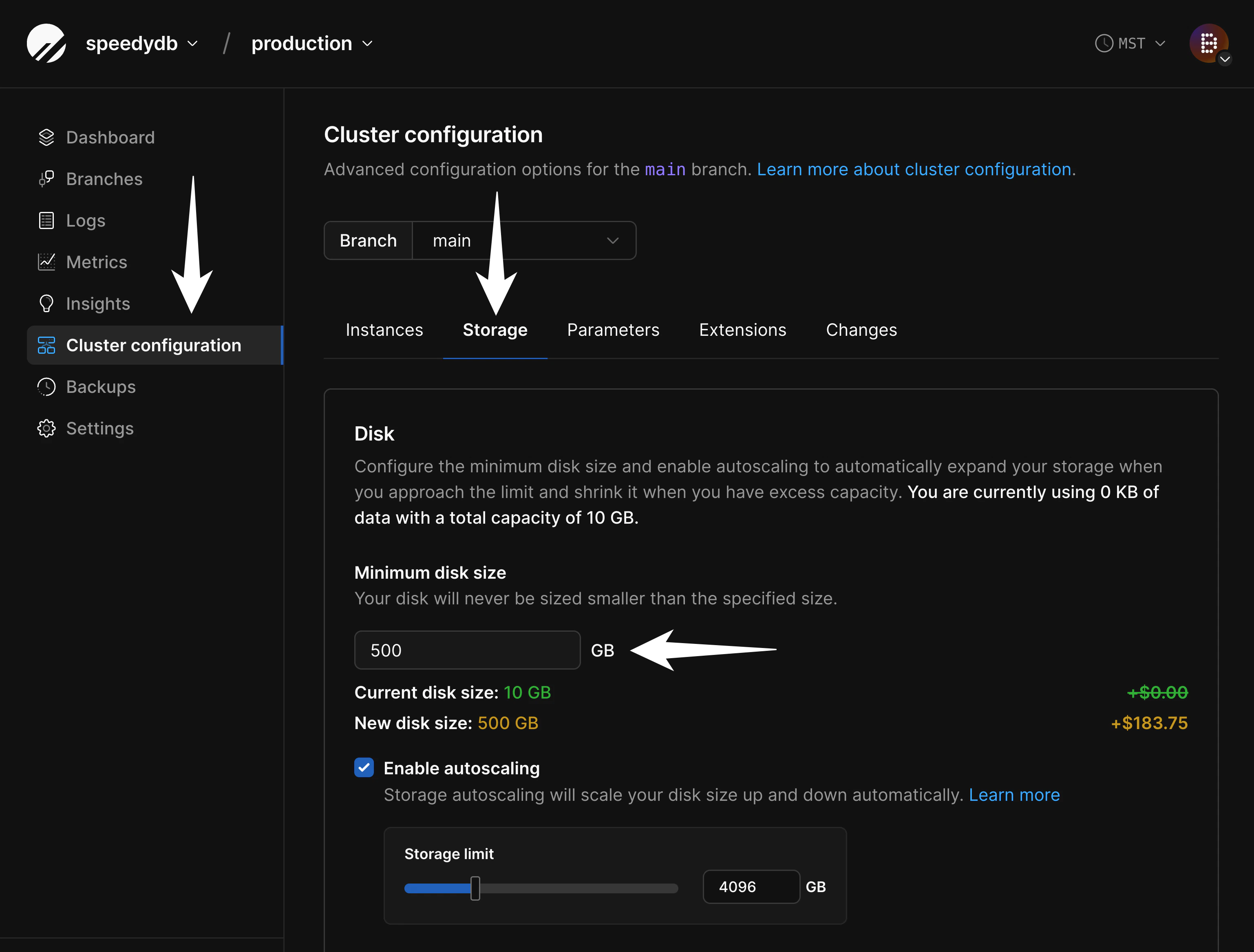 Storage configuration min size