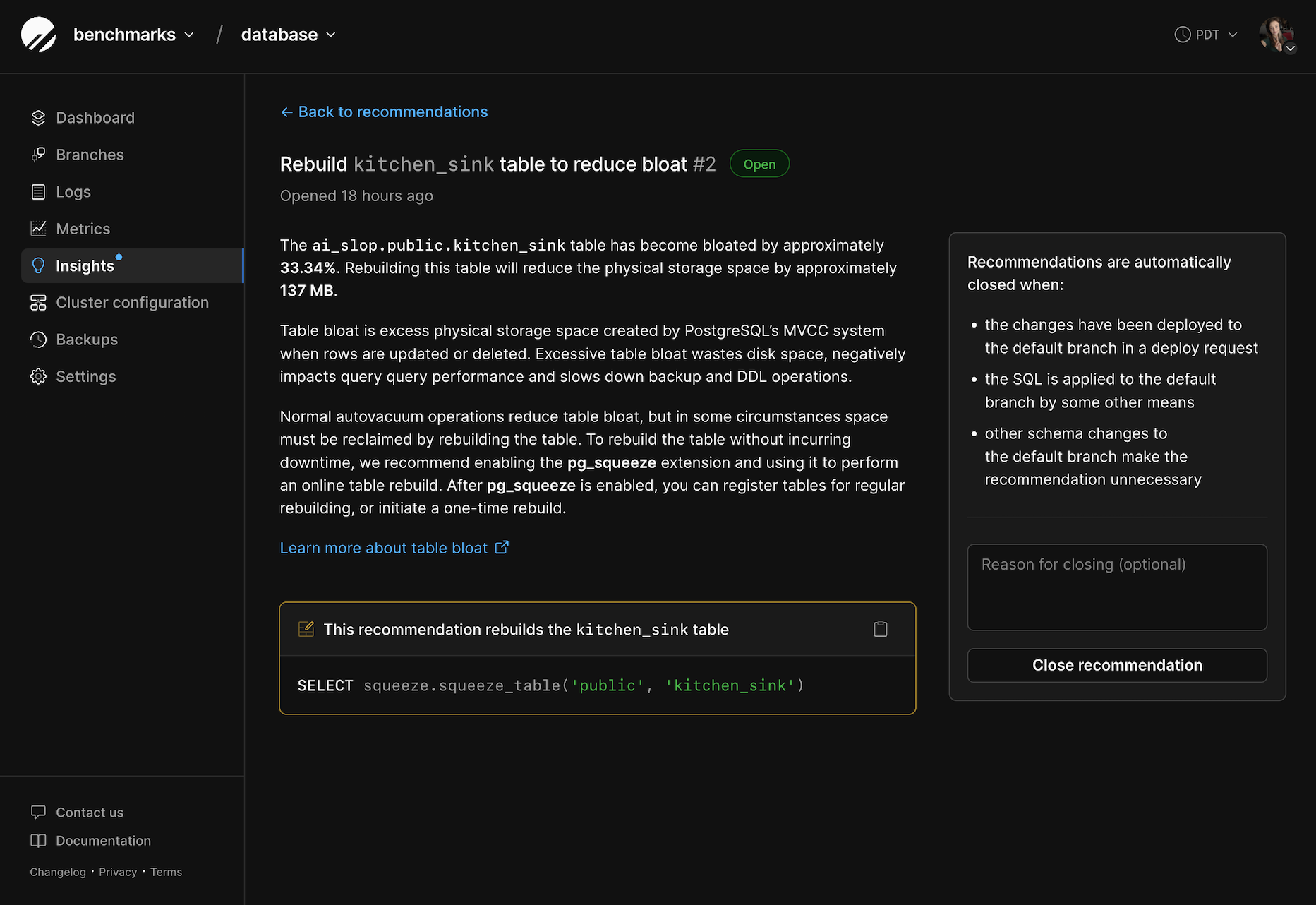 Example of a recommendation to reduce bloat