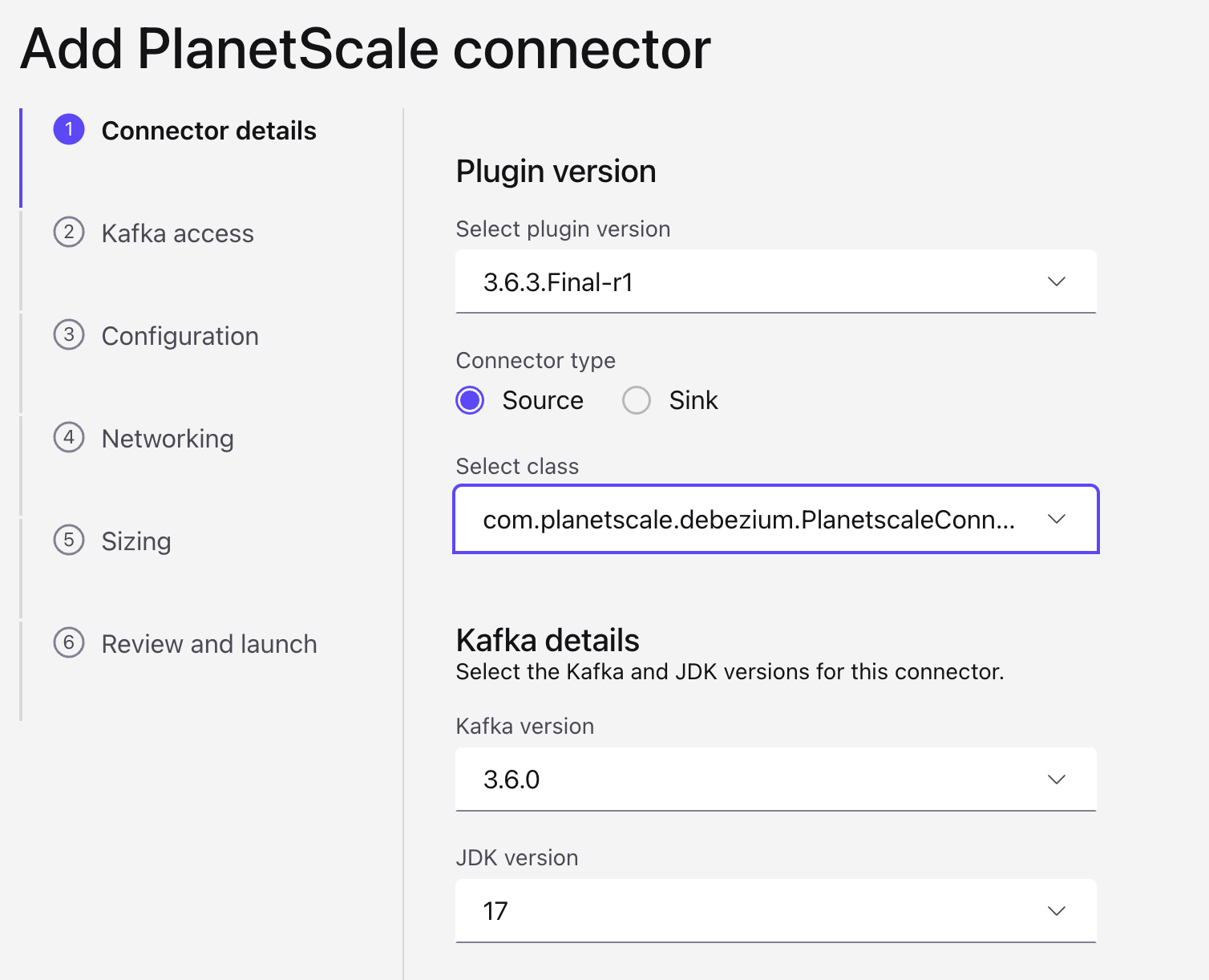 Confluent Cloud: Add connector wizard, connector details step with the PlanetScale class selected