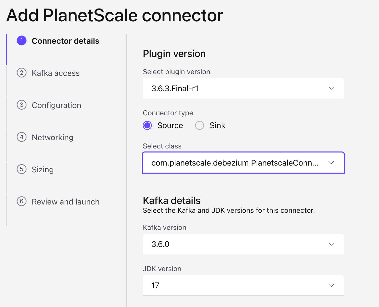 Confluent Cloud: Add connector wizard, connector details step with the PlanetScale class selected