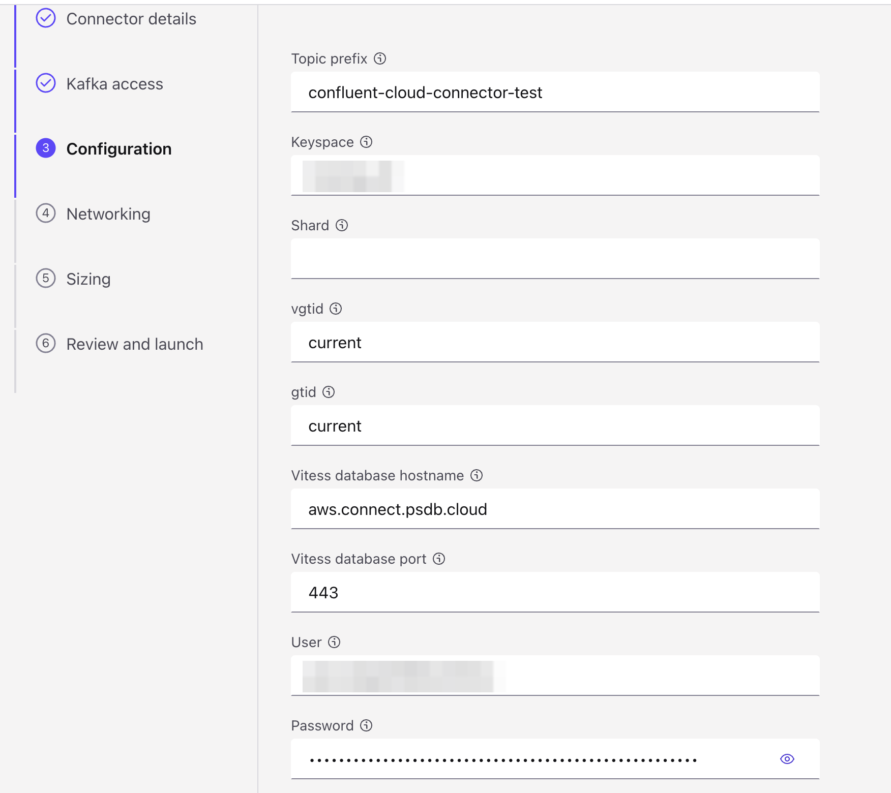 Confluent Cloud: Add connector wizard, configuration step with the PlanetScale connection settings