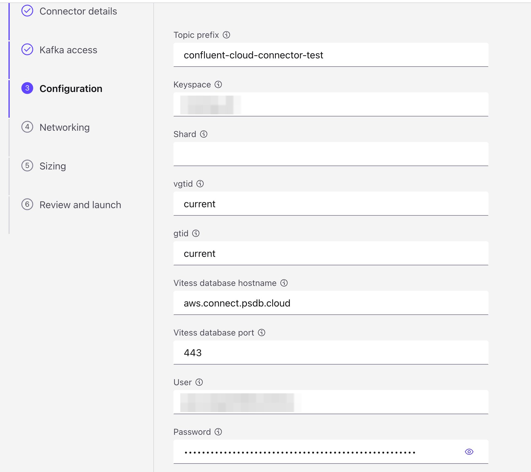 Confluent Cloud: Add connector wizard, configuration step with the PlanetScale connection settings