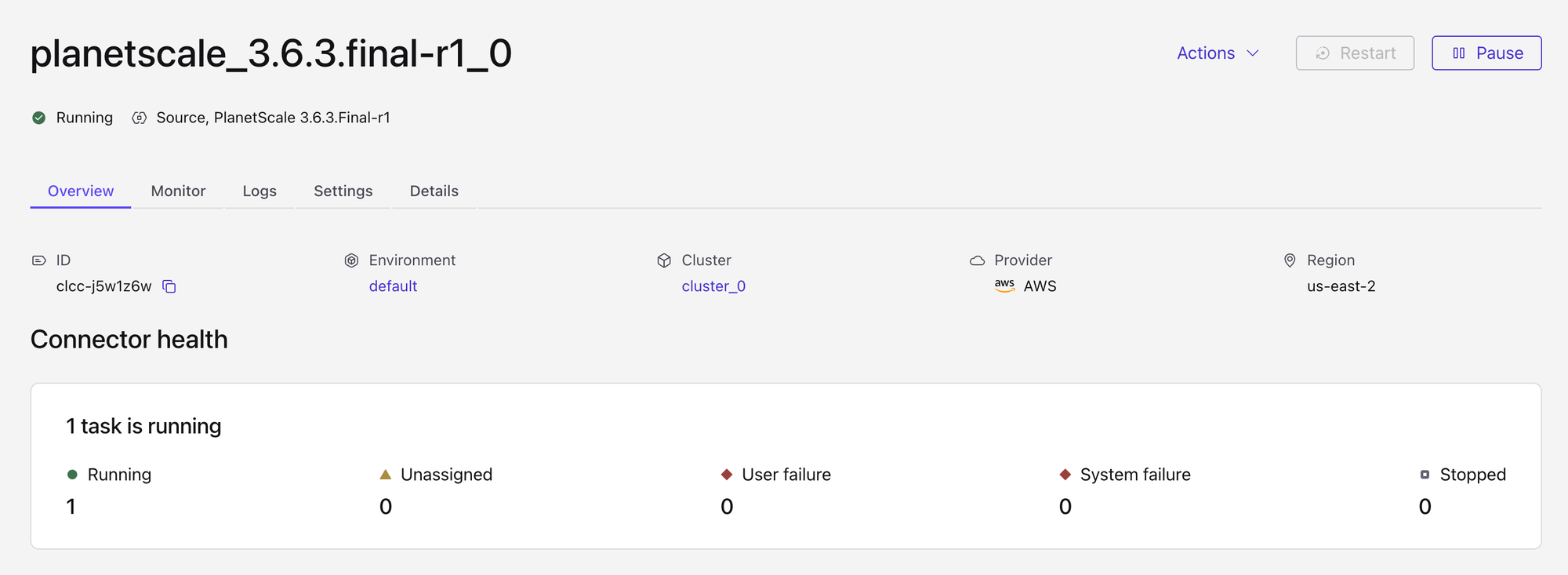 Confluent Cloud: PlanetScale connector overview showing Running with one task running
