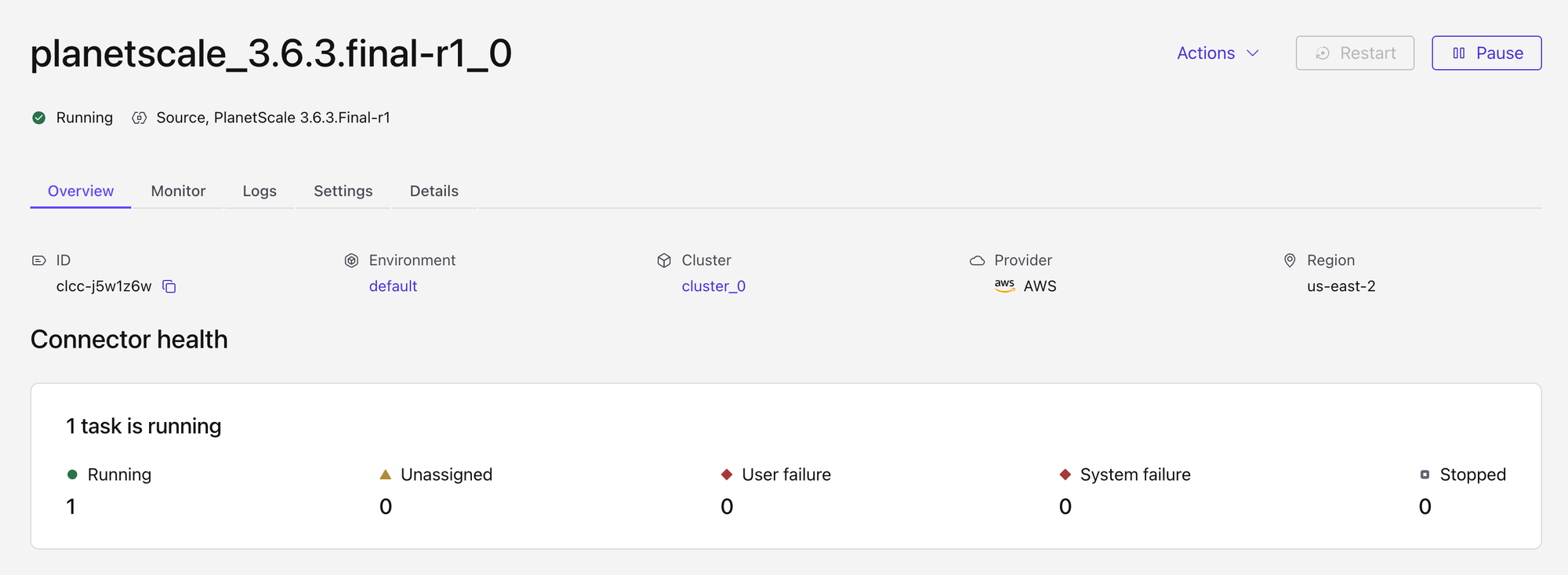 Confluent Cloud: PlanetScale connector overview showing Running with one task running