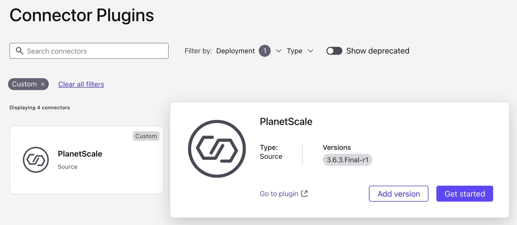 Confluent Cloud: Connector Plugins page showing the PlanetScale custom plugin with Get started and Add version