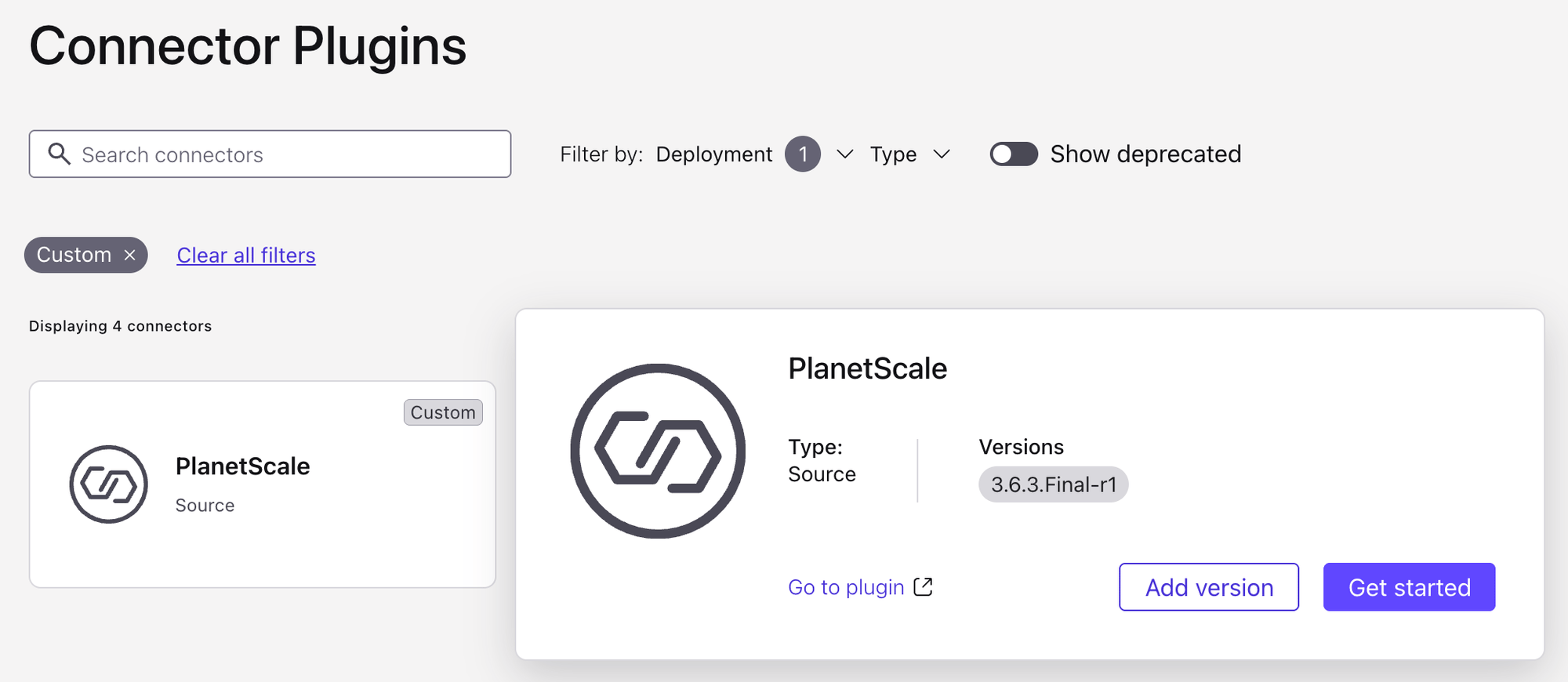 Confluent Cloud: Connector Plugins page showing the PlanetScale custom plugin with Get started and Add version