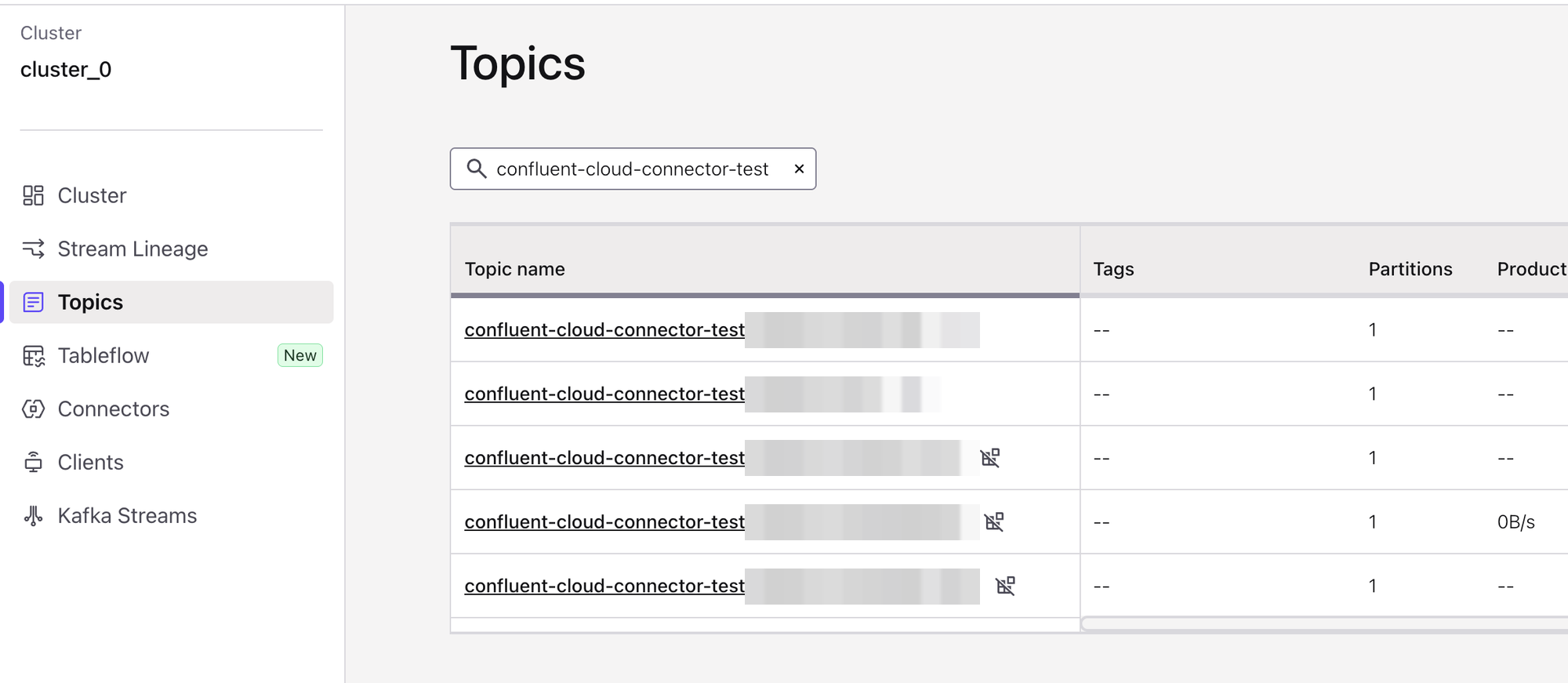 Confluent Cloud: Topics page listing one topic per PlanetScale table under the connector's topic prefix