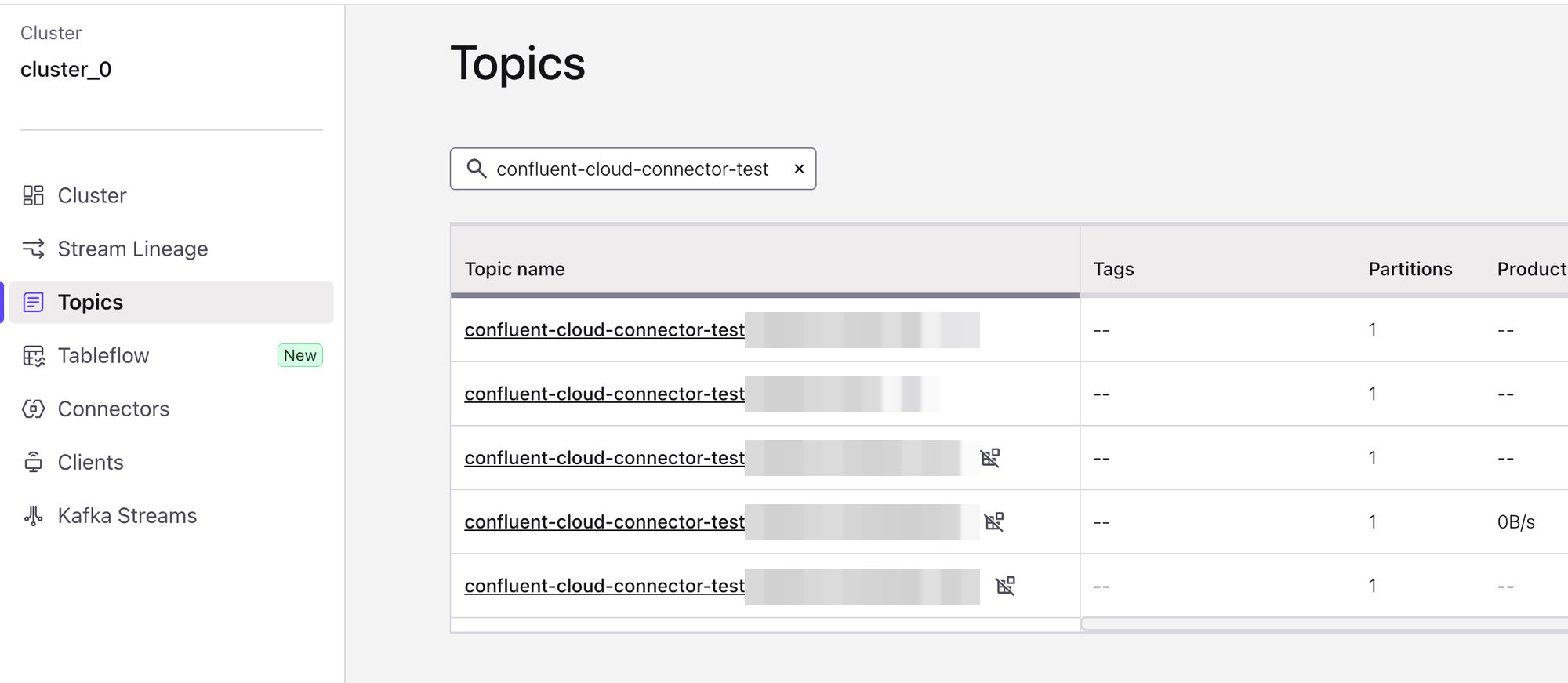 Confluent Cloud: Topics page listing one topic per PlanetScale table under the connector's topic prefix