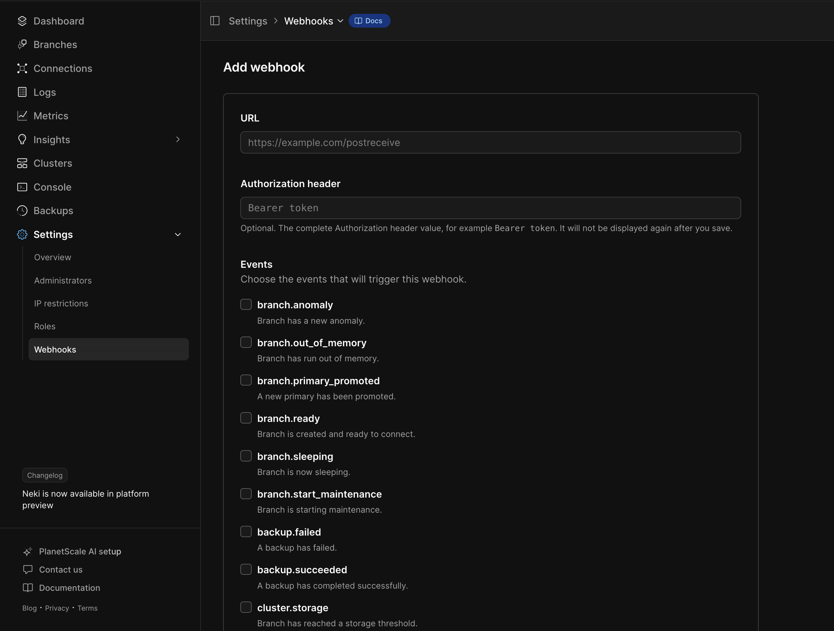 PlanetScale Add webhook form with URL, Authorization header, and event selection fields