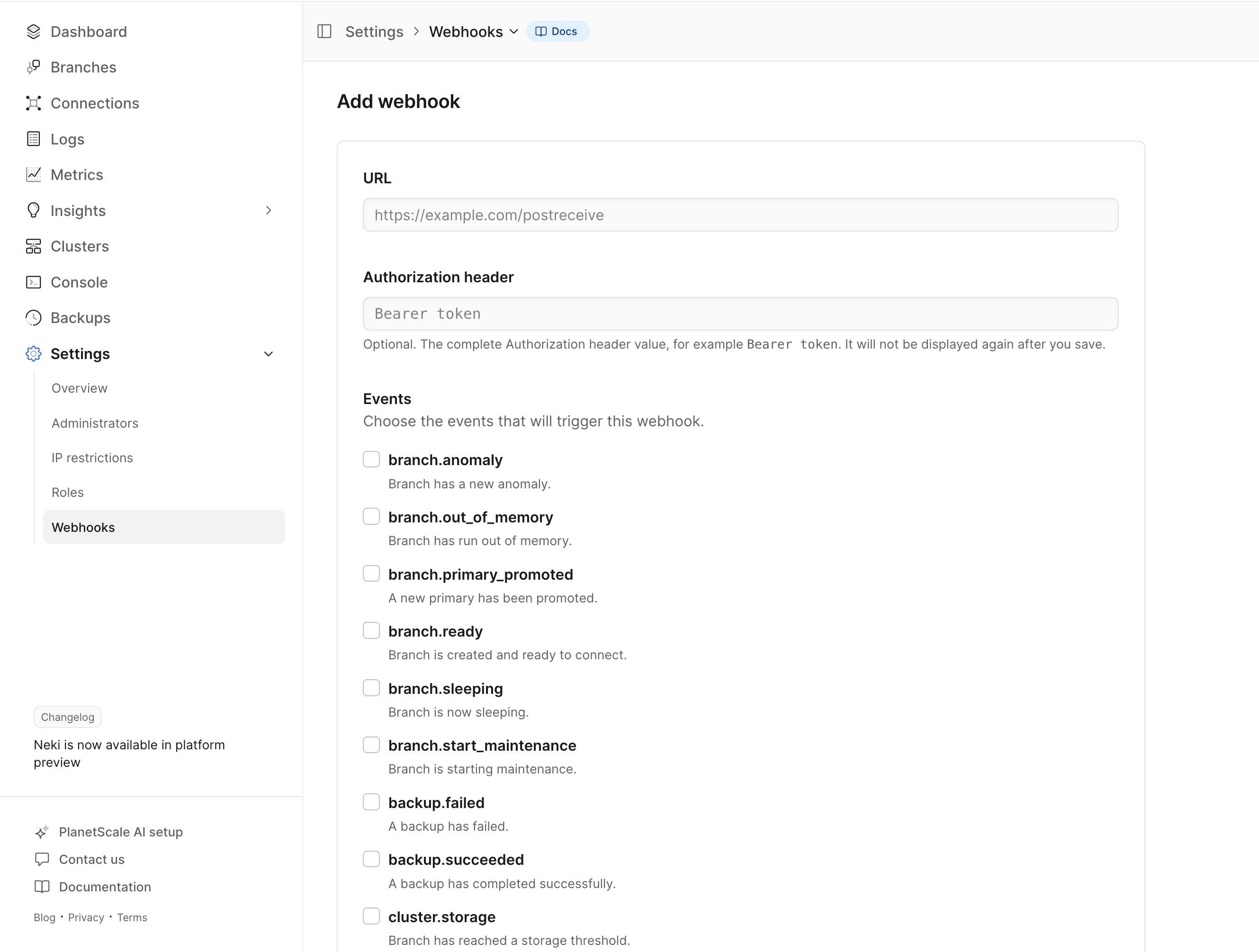 PlanetScale Add webhook form with URL, Authorization header, and event selection fields