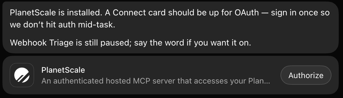 PlanetScale installed with an Authorize button on its connection card