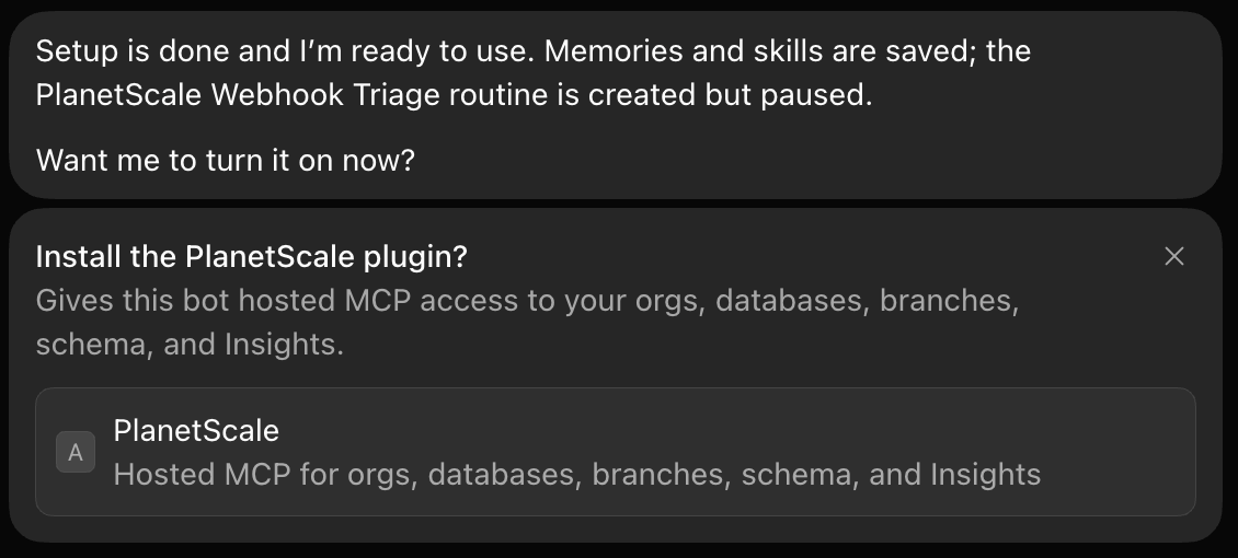 Database Bot confirming setup is complete and prompting you to install the PlanetScale plugin