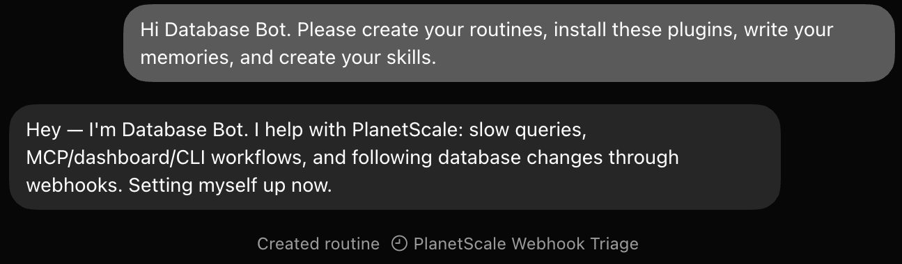 Database Bot setting itself up and creating the PlanetScale Webhook Triage routine