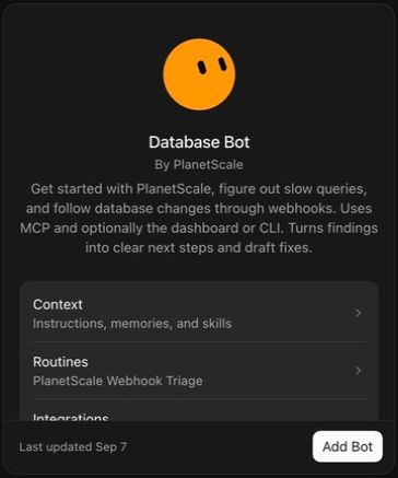 Database Bot template preview in Grok Bot, showing Context, PlanetScale Webhook Triage, and the Add Bot button
