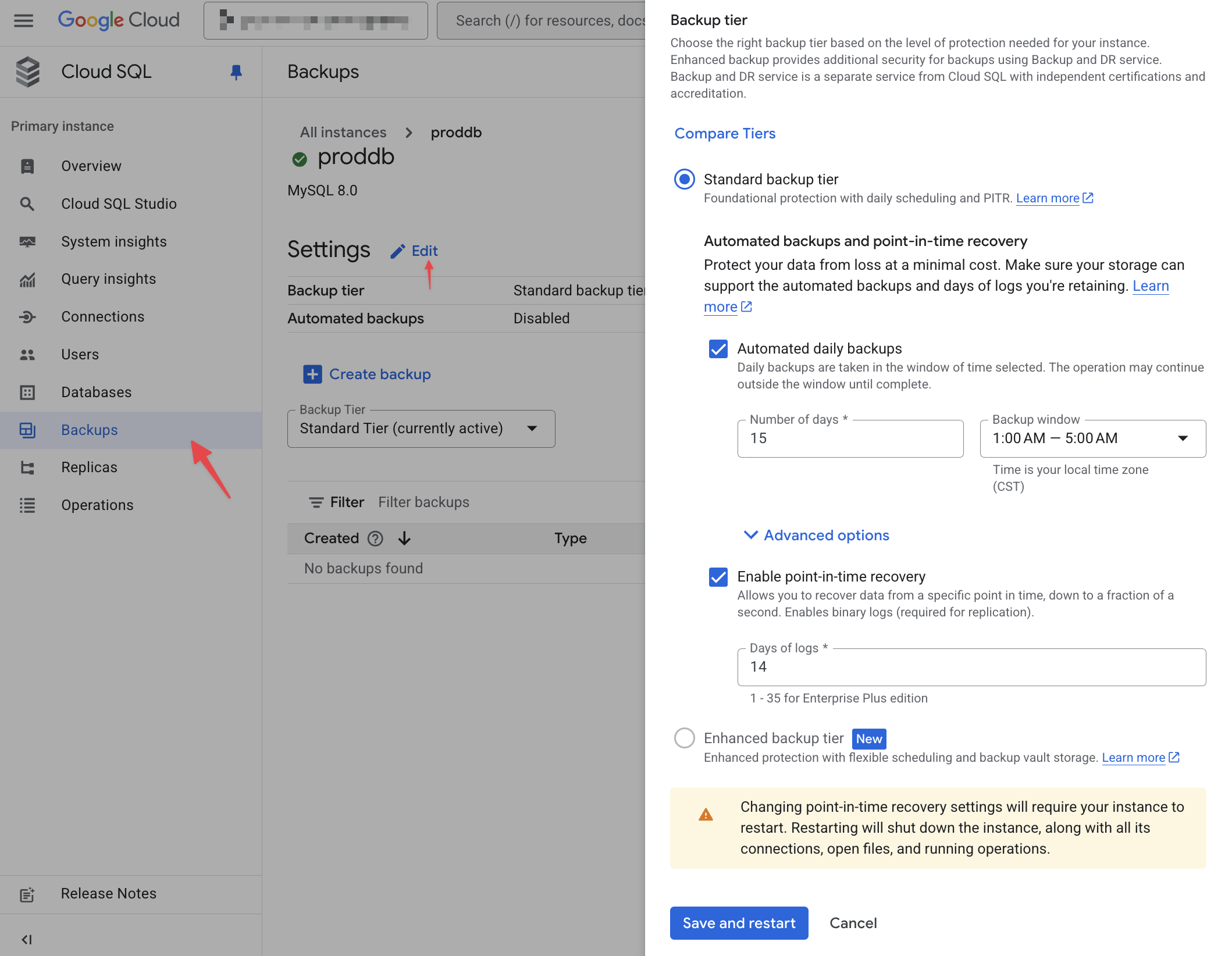 The form to set enable point in time recovery.