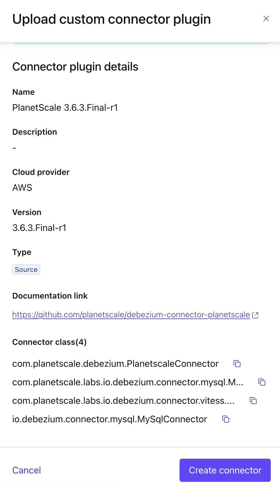 Confluent Cloud: connector plugin details listing the four connector classes found in the archive