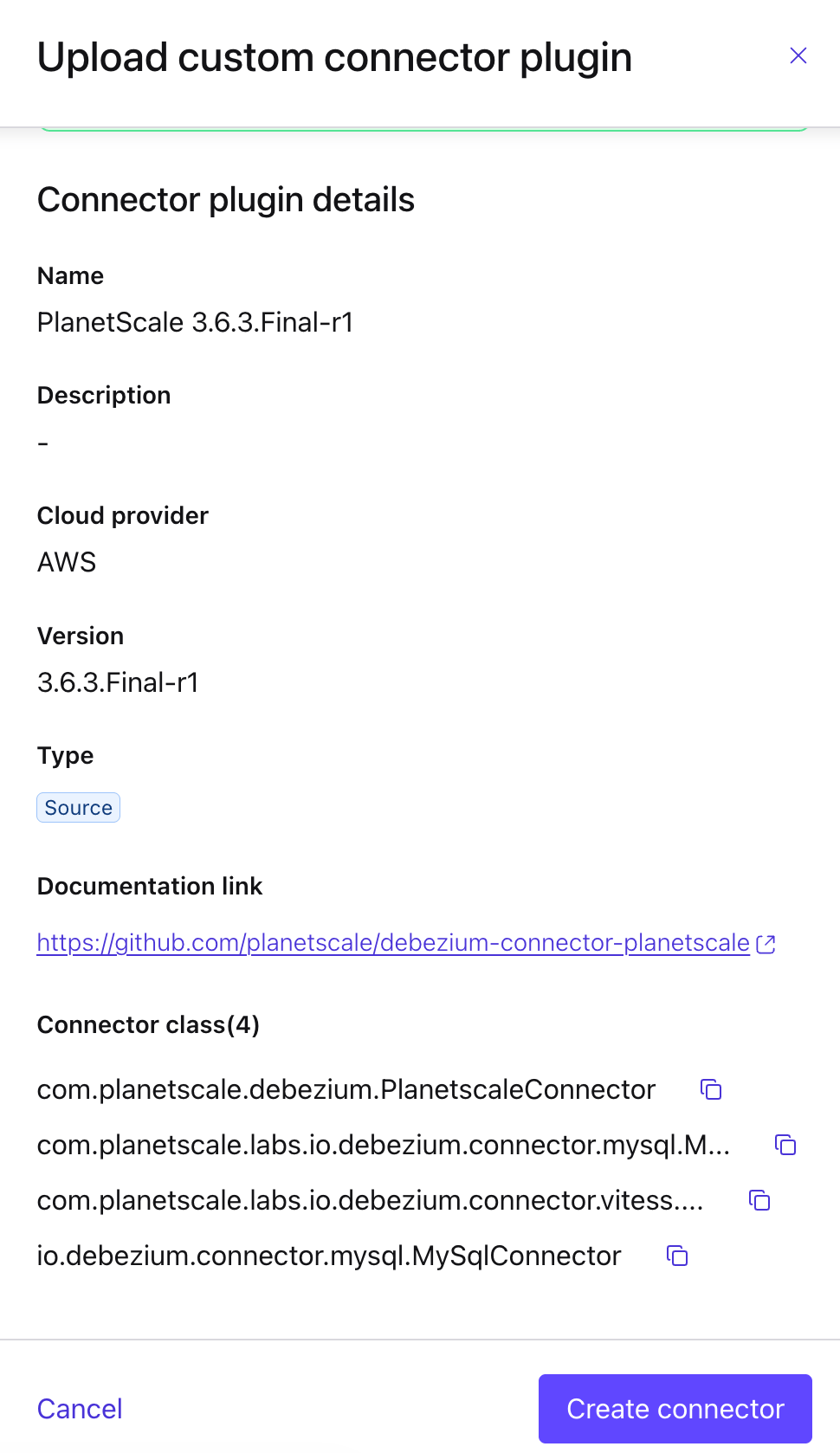 Confluent Cloud: connector plugin details listing the four connector classes found in the archive