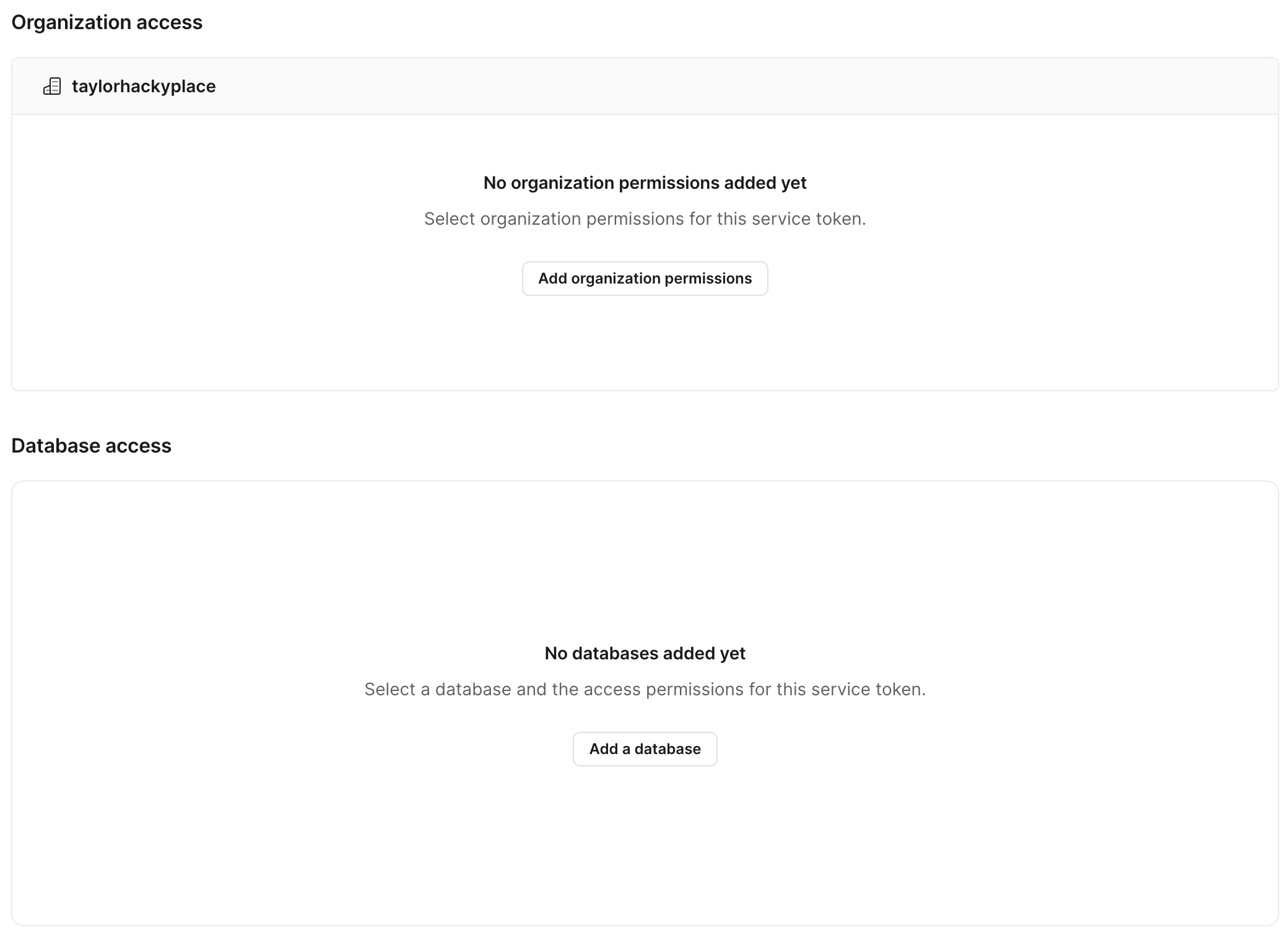 Showing the UI for organization and database access with buttons to add what access permissions