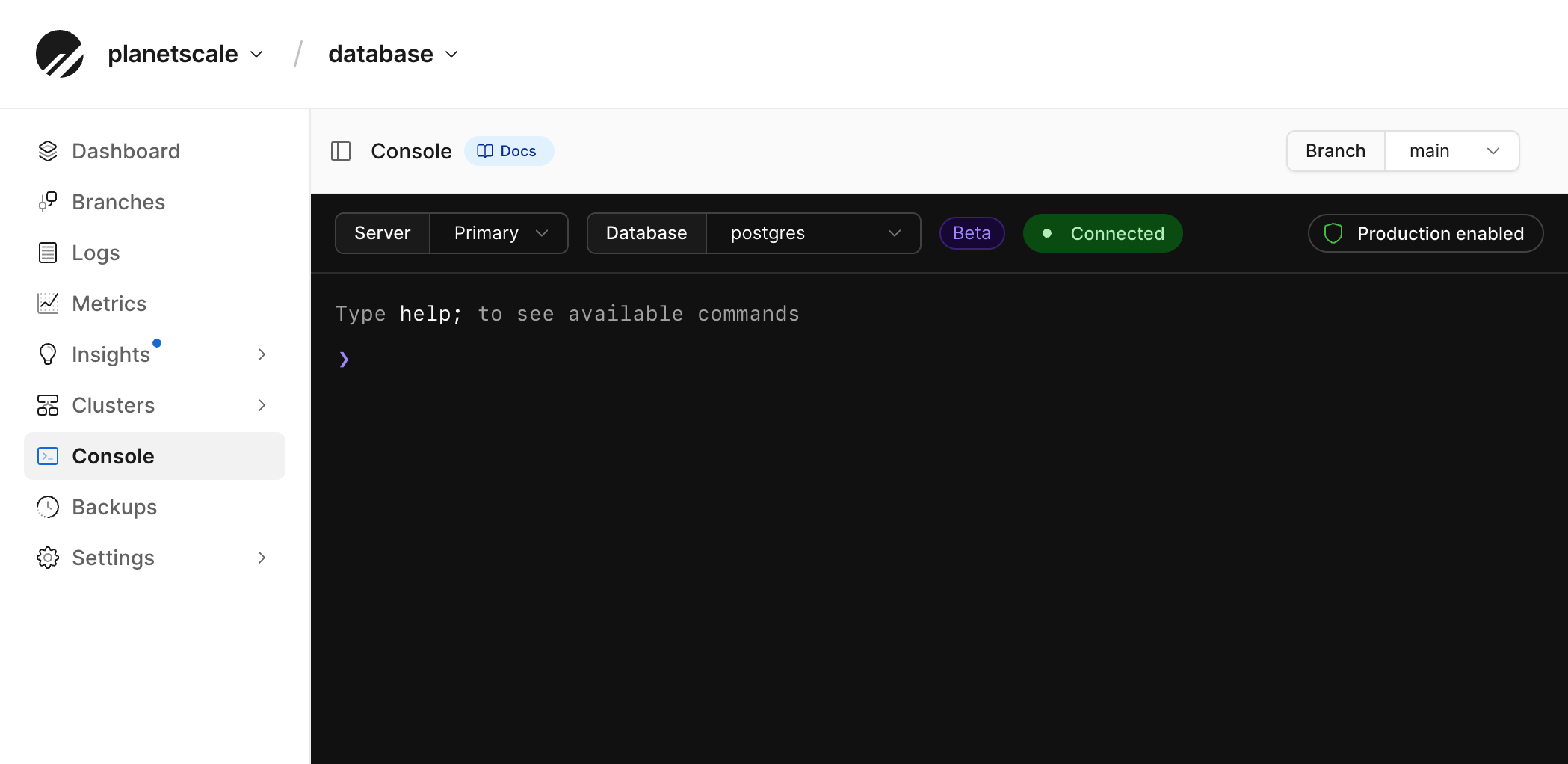 Web console connected to the main branch