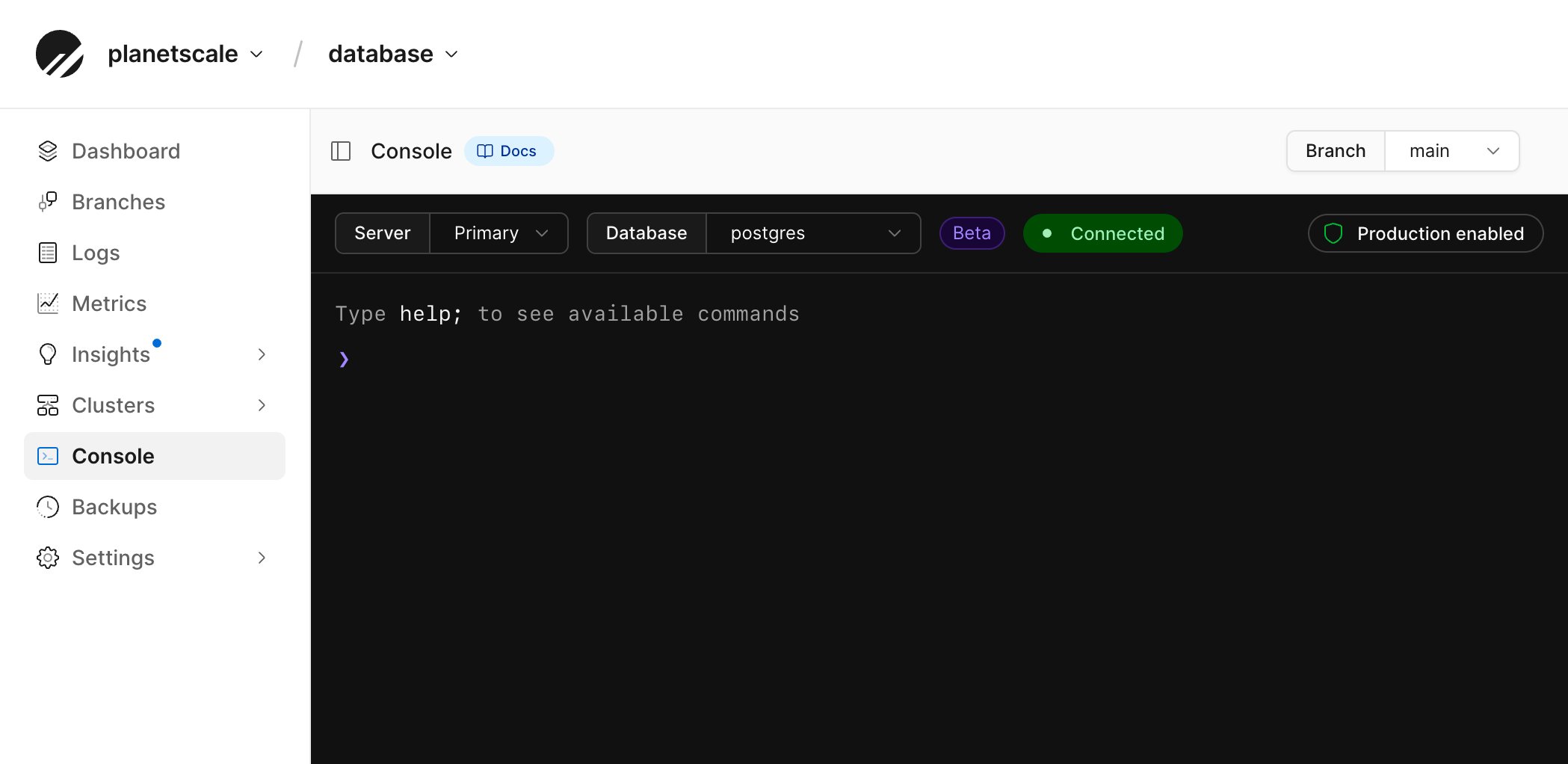 Web console connected to the main branch