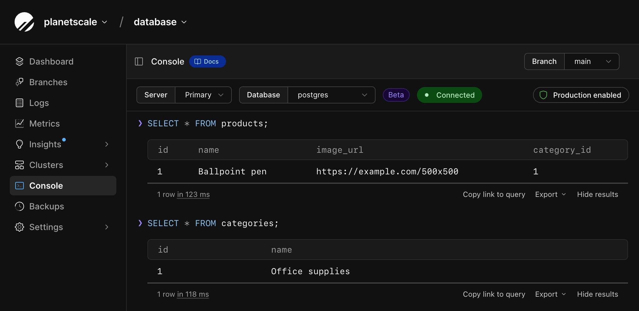 Web console showing SELECT results for the products and categories tables