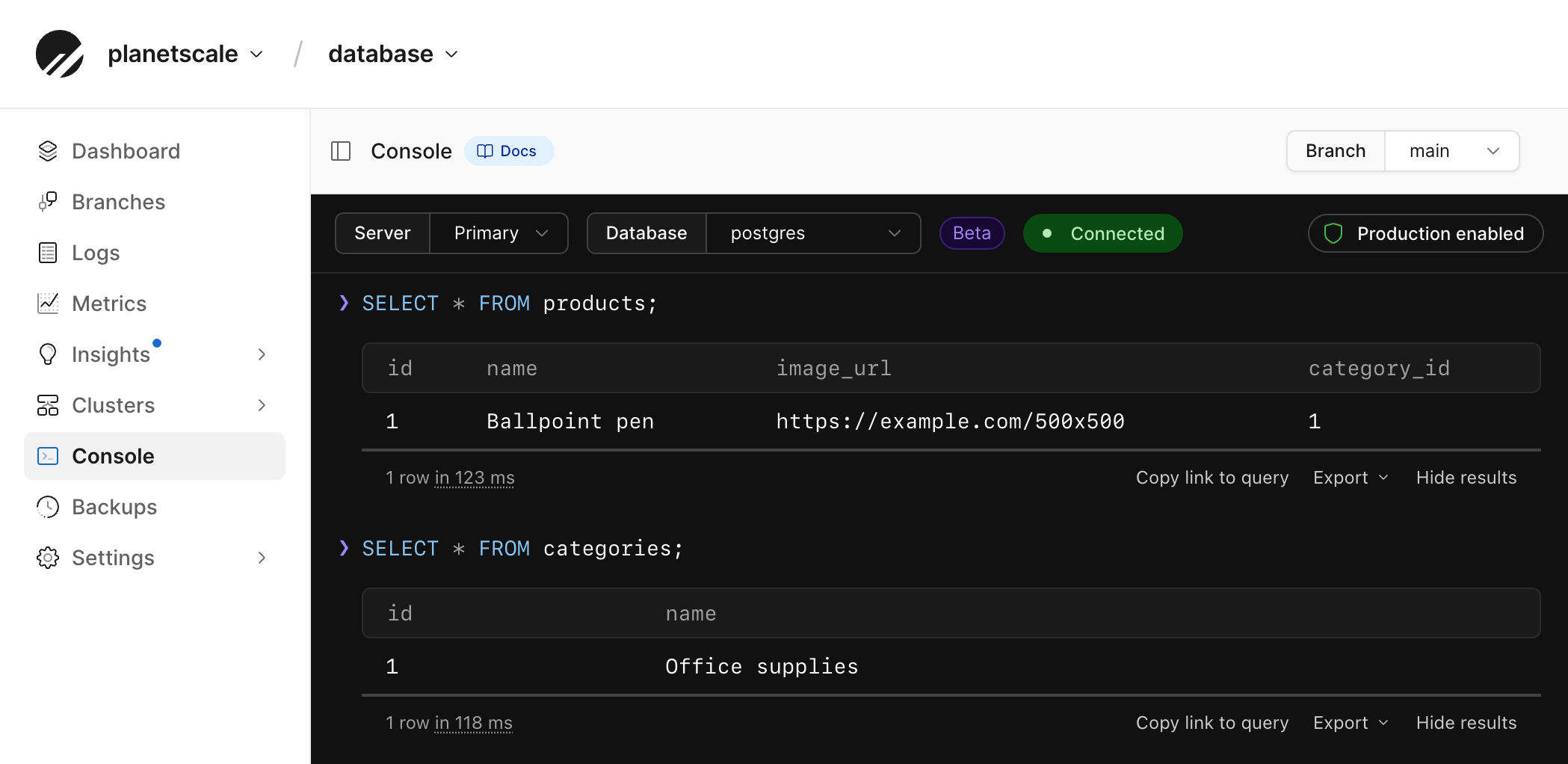 Web console showing SELECT results for the products and categories tables