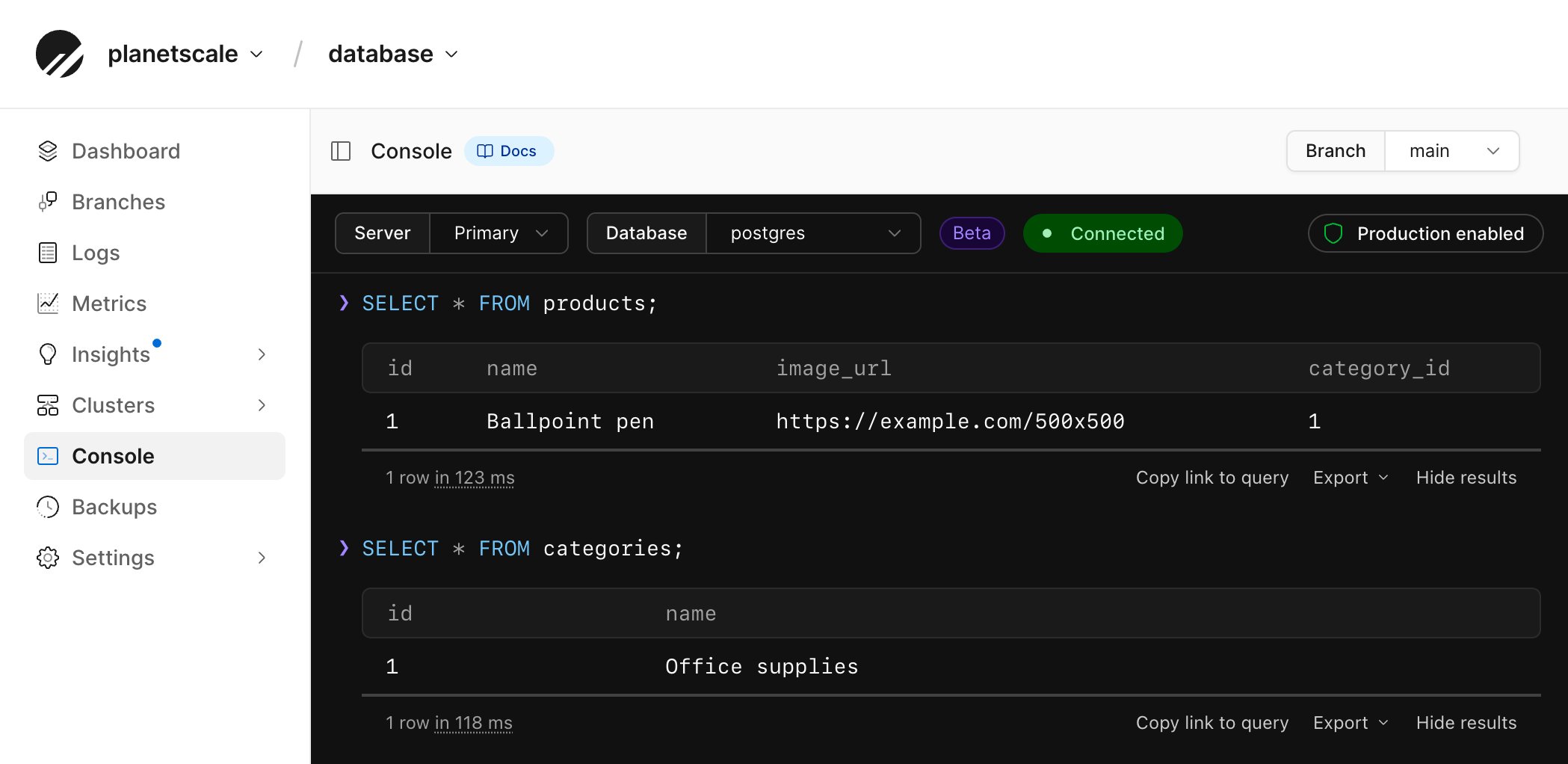 Web console showing SELECT results for the products and categories tables