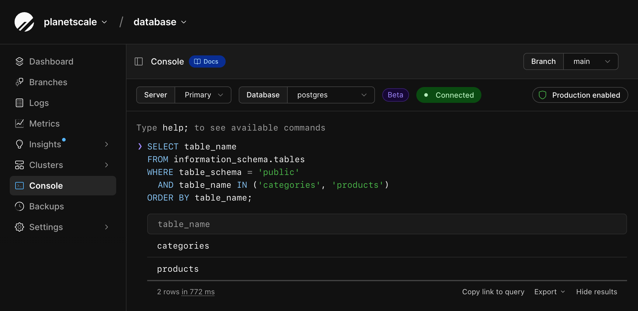 Web console showing the categories and products tables