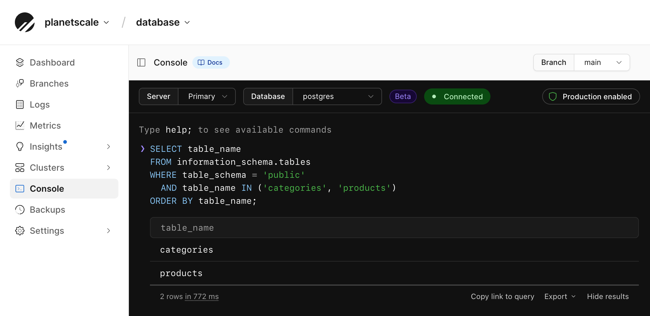 Web console showing the categories and products tables