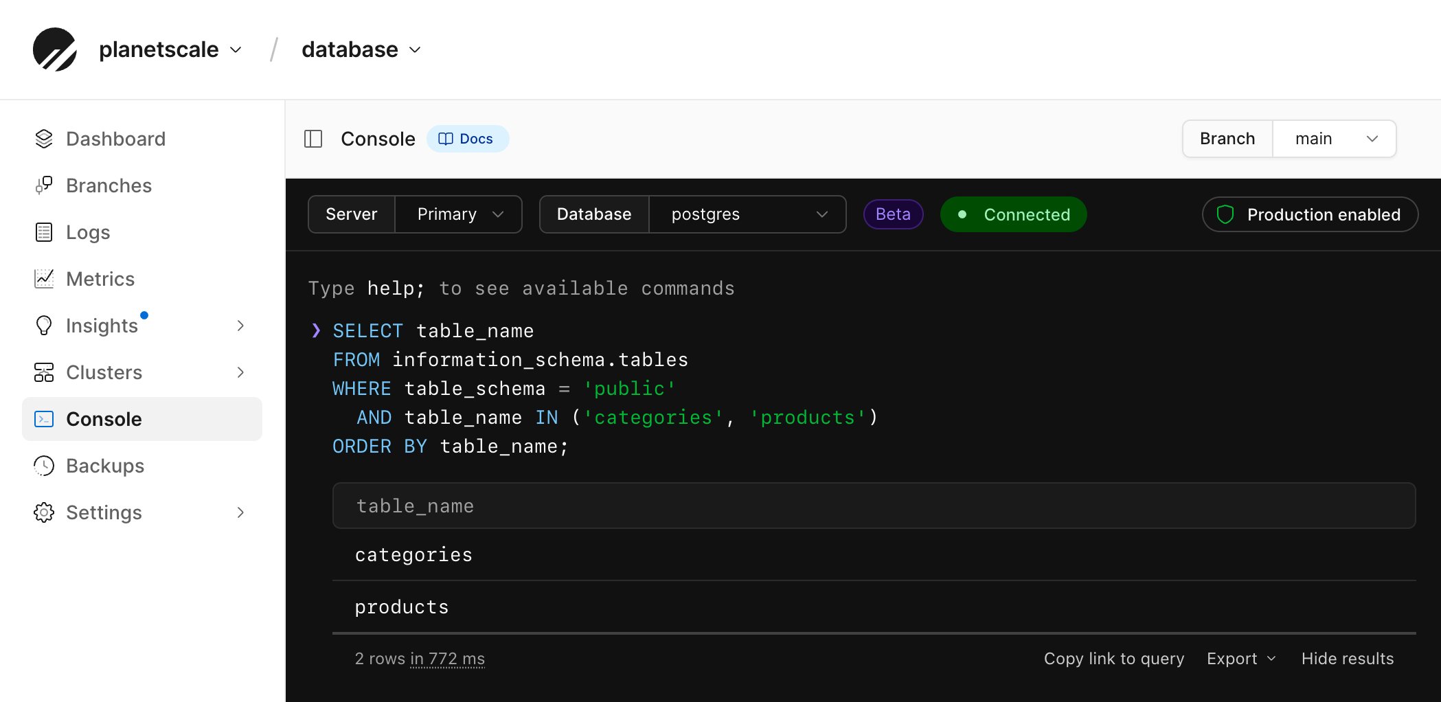 Web console showing the categories and products tables