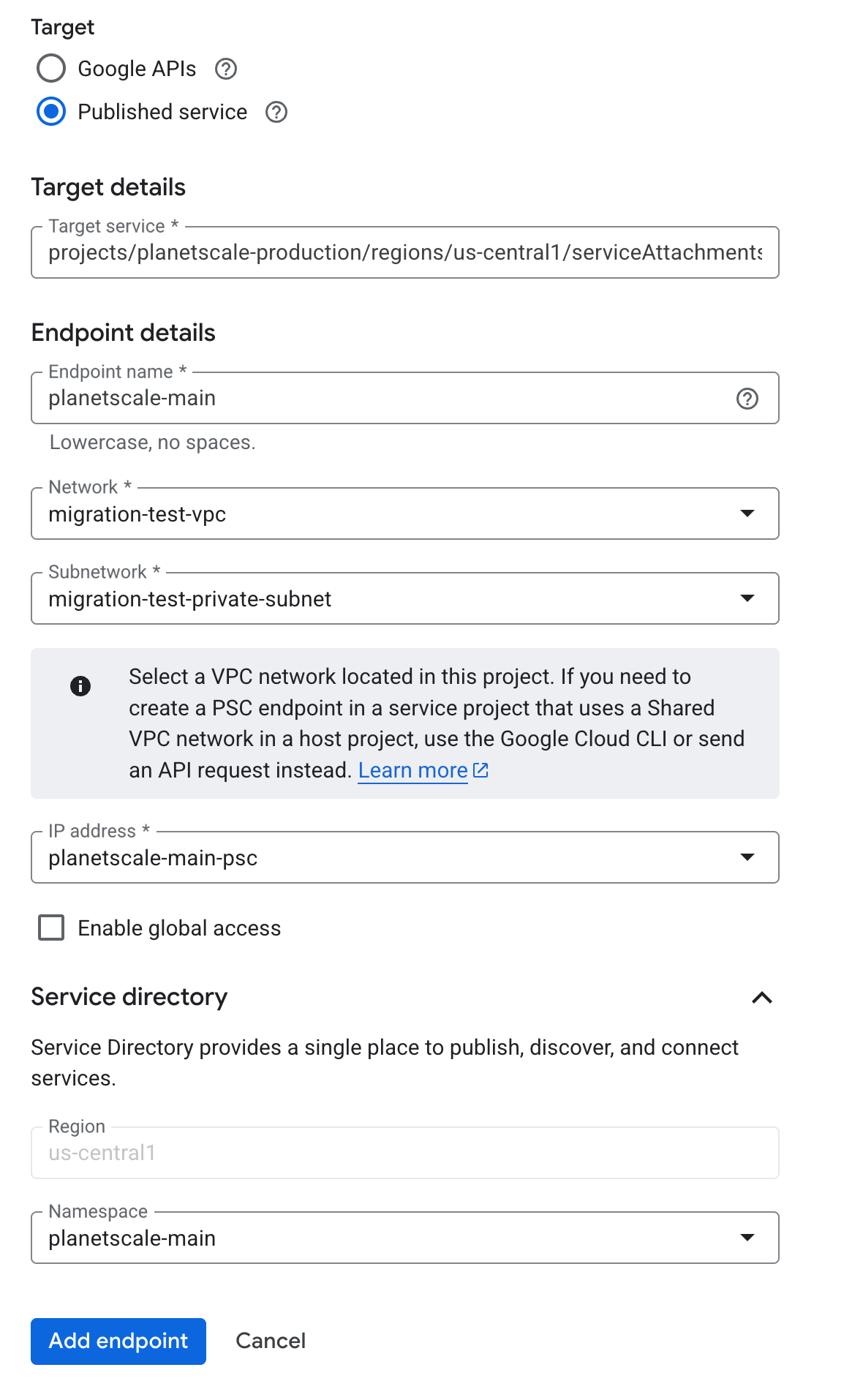 Endpoint configuration details