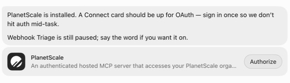 PlanetScale installed with an Authorize button on its connection card