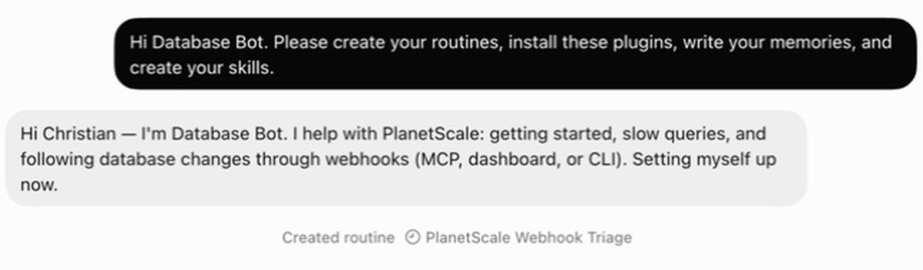 PlanetScale Bot setting itself up and creating the PlanetScale Webhook Triage routine