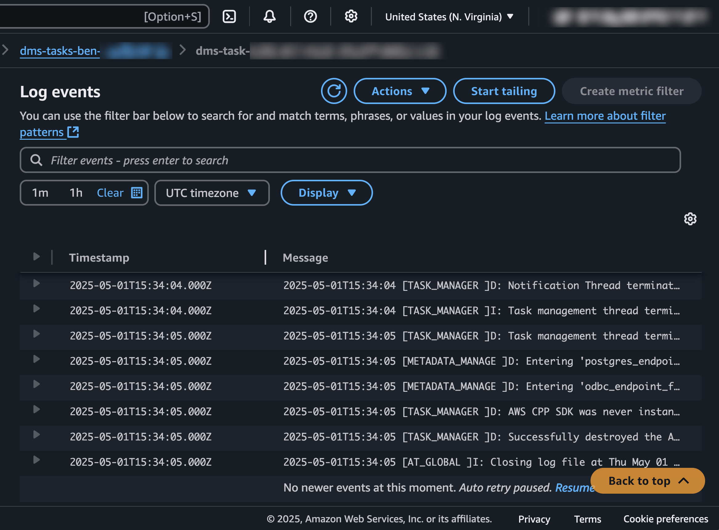 AWS DMS migration task logs