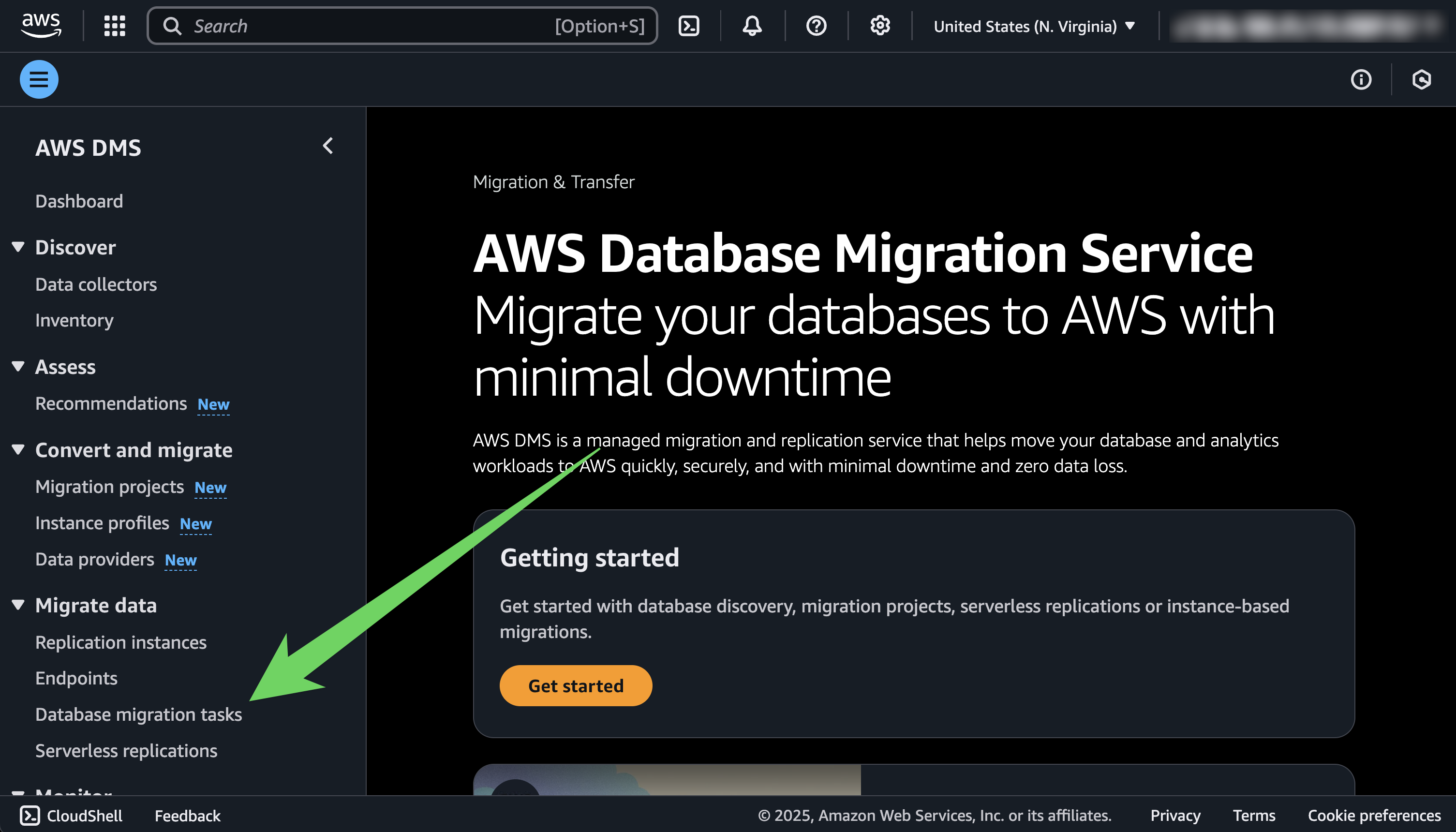 AWS DMS landing page