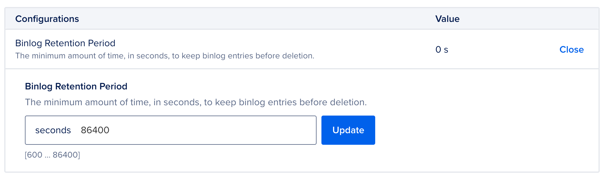 Setting the binlog retention period under Advanced Configurations