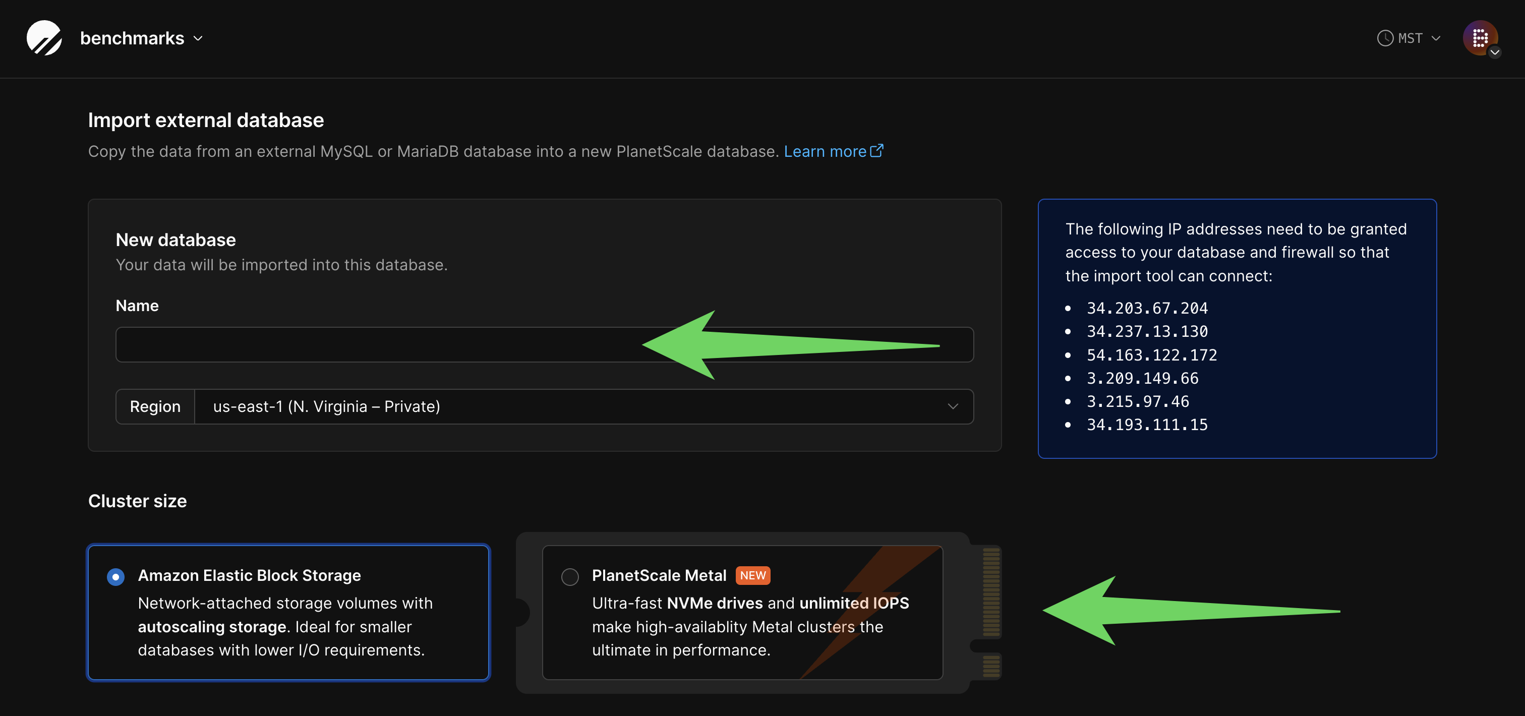 PlanetScale set database name and type for import