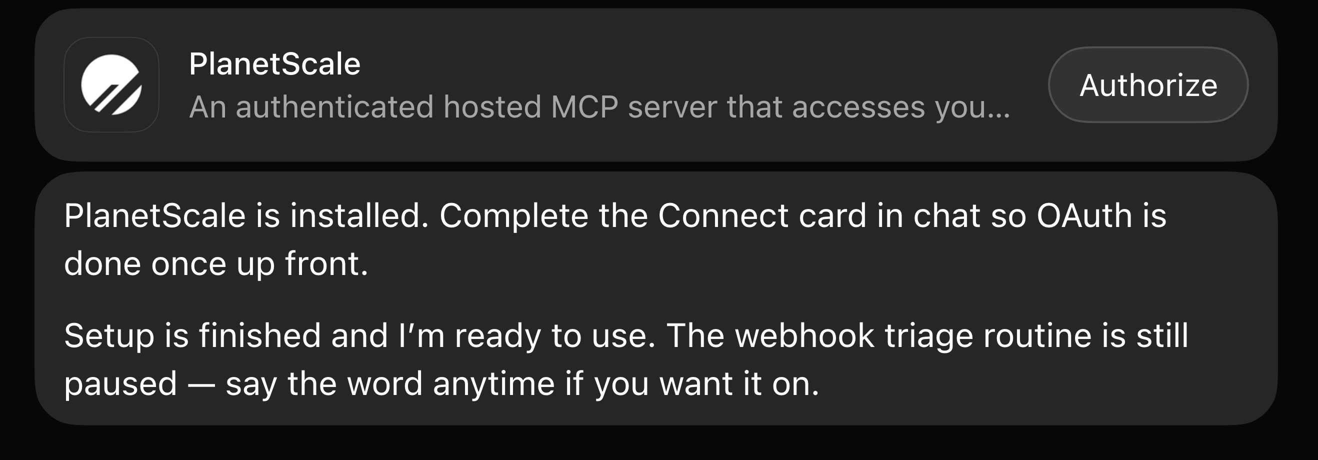 PlanetScale installed with an Authorize button on its connection card