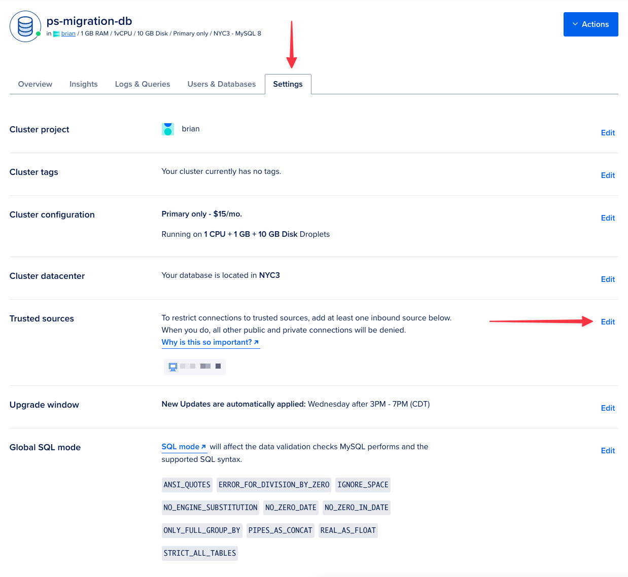 The Settings tab of the database cluster in Digital Ocean. {priority}