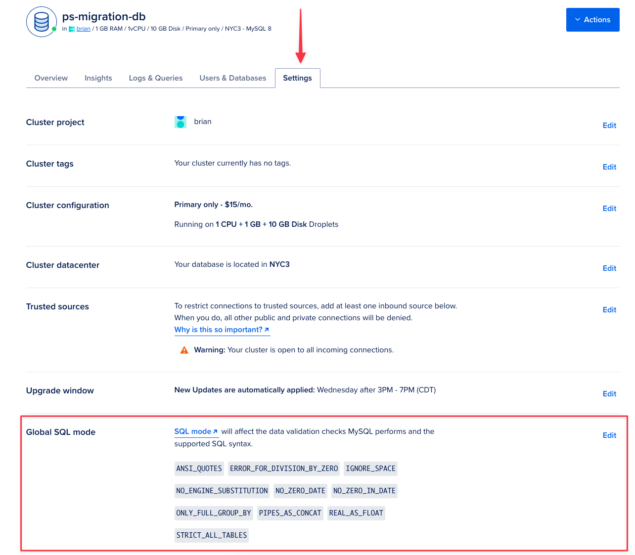 The Settings tab of the database cluster in DigitalOcean with the Global SQL mode section highlighted. {priority}