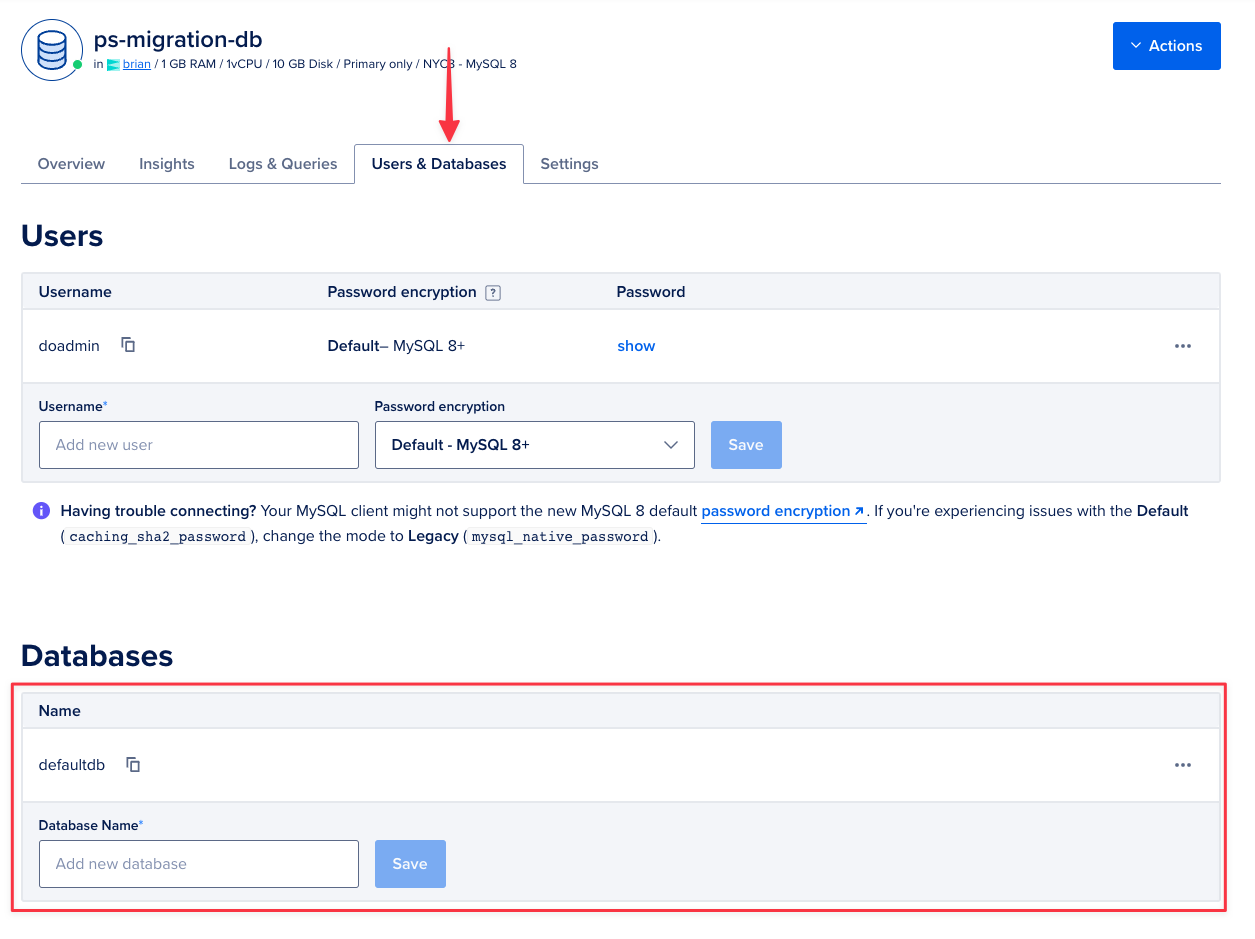 The Users & Databases view of the cluster with the Databases section highlighted. {priority}