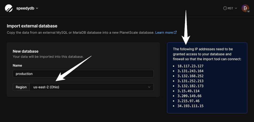 The New database section of the Import database tool