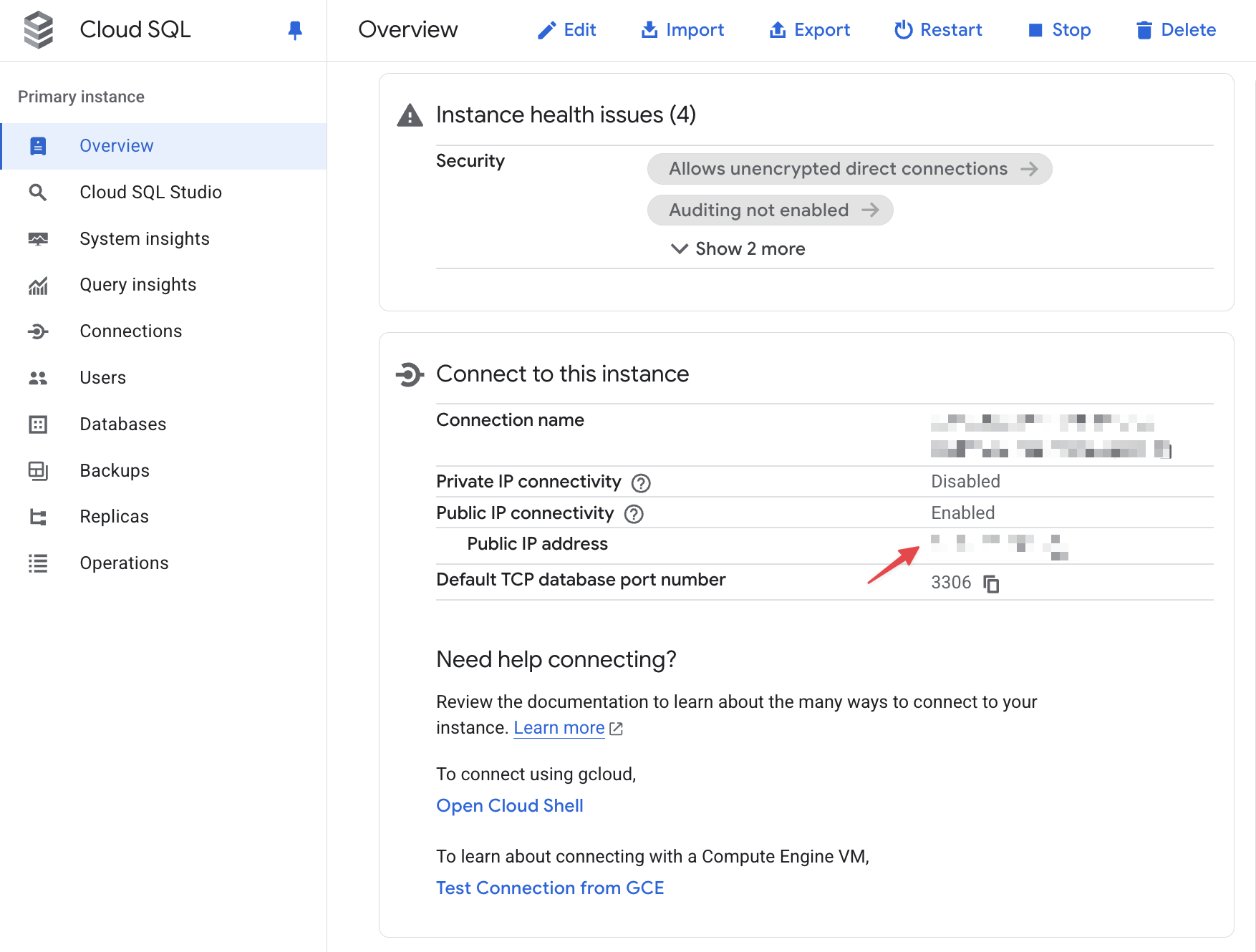 The GCP Cloud SQL console with the IP address highlighted.
