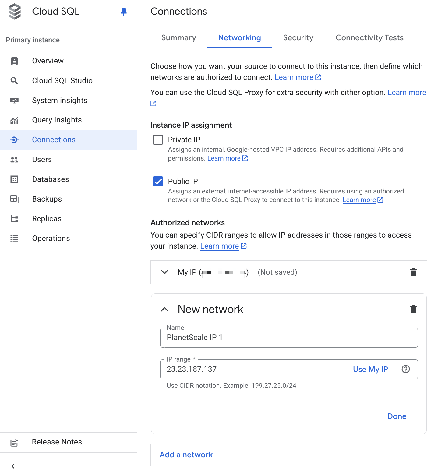 The form to add a new authorized network in the GCP console.